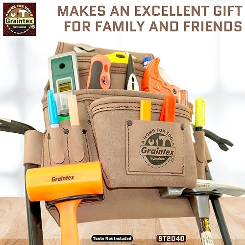 Miniatura 14 de GRAINTEX ST2040 - Bolsa de 10 bolsillos para uñas y herramientas de cuero natural de grano superior para enmarcadores, constructores, electricistas,