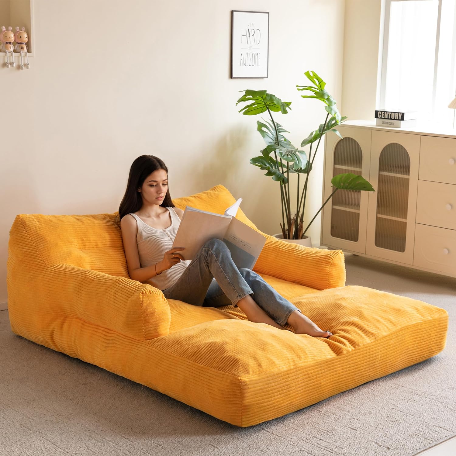 HIGOGOGO Giant Human Dog Sofa Bed, Extended Large Comfy Floor Couch for Pet Families, Corded Fabric Orthopedic Dog Bed for Human with Supportive Foam & Anti-Slip Bottom, XXXL Size, Orange