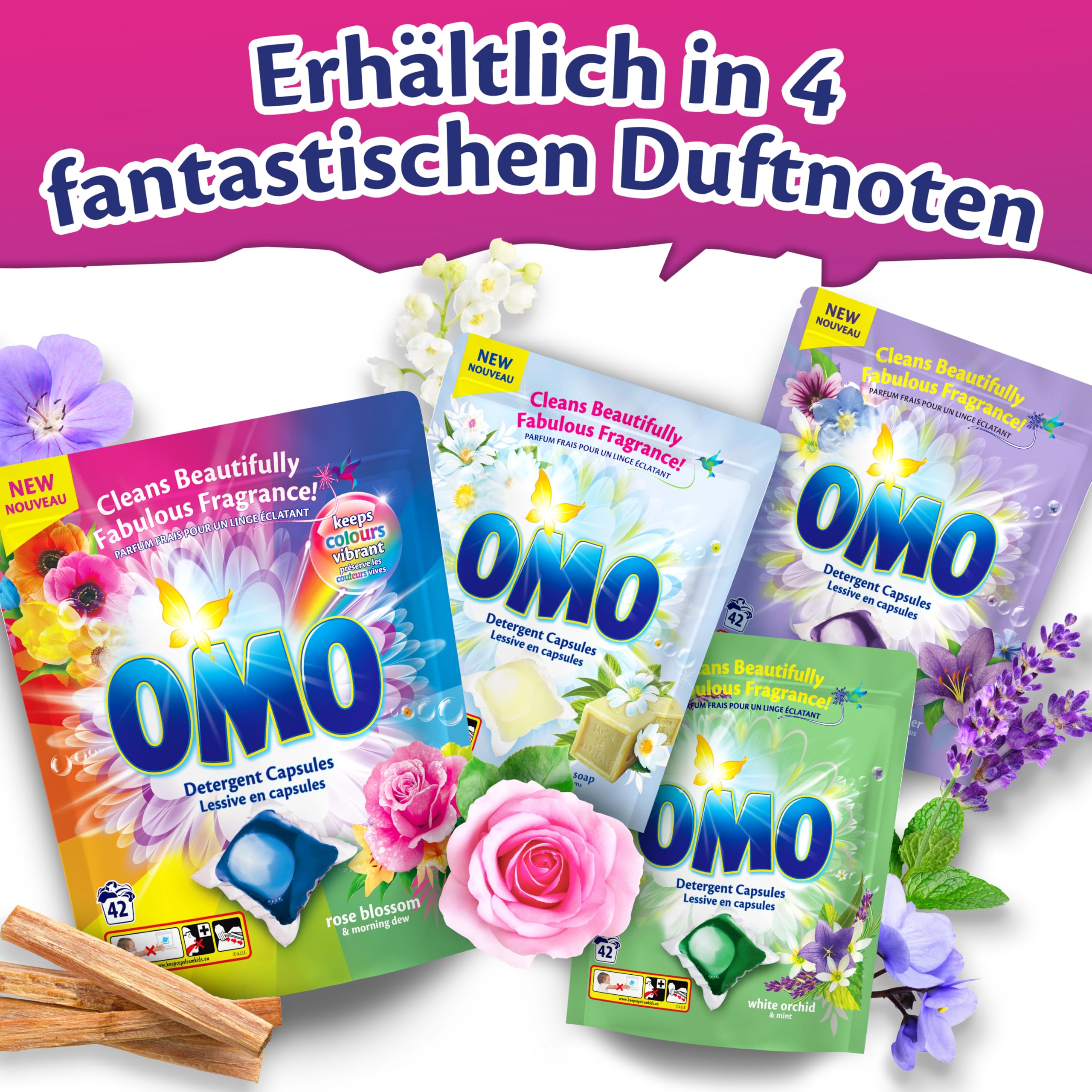 OMO Waschmittel Kapseln Rose Duft | Großpackung | 14T Frische |168 Pods