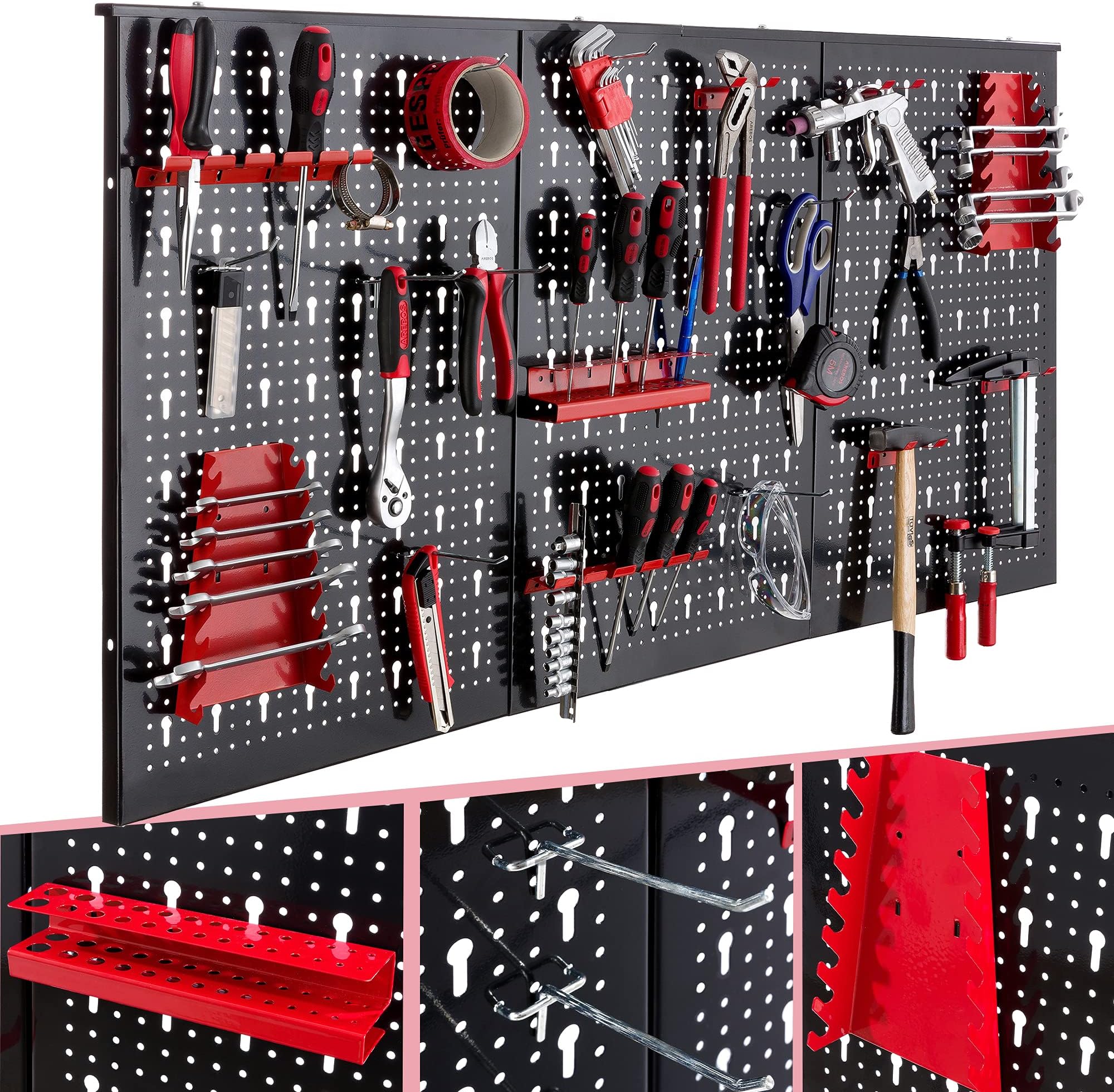 ArebosTool Wall 3-Piece | 17-Piece Hook Set | Tool Perforated Metal Wall + Brackets + Mounting Material | Metal Wall | Perforated Wall | red