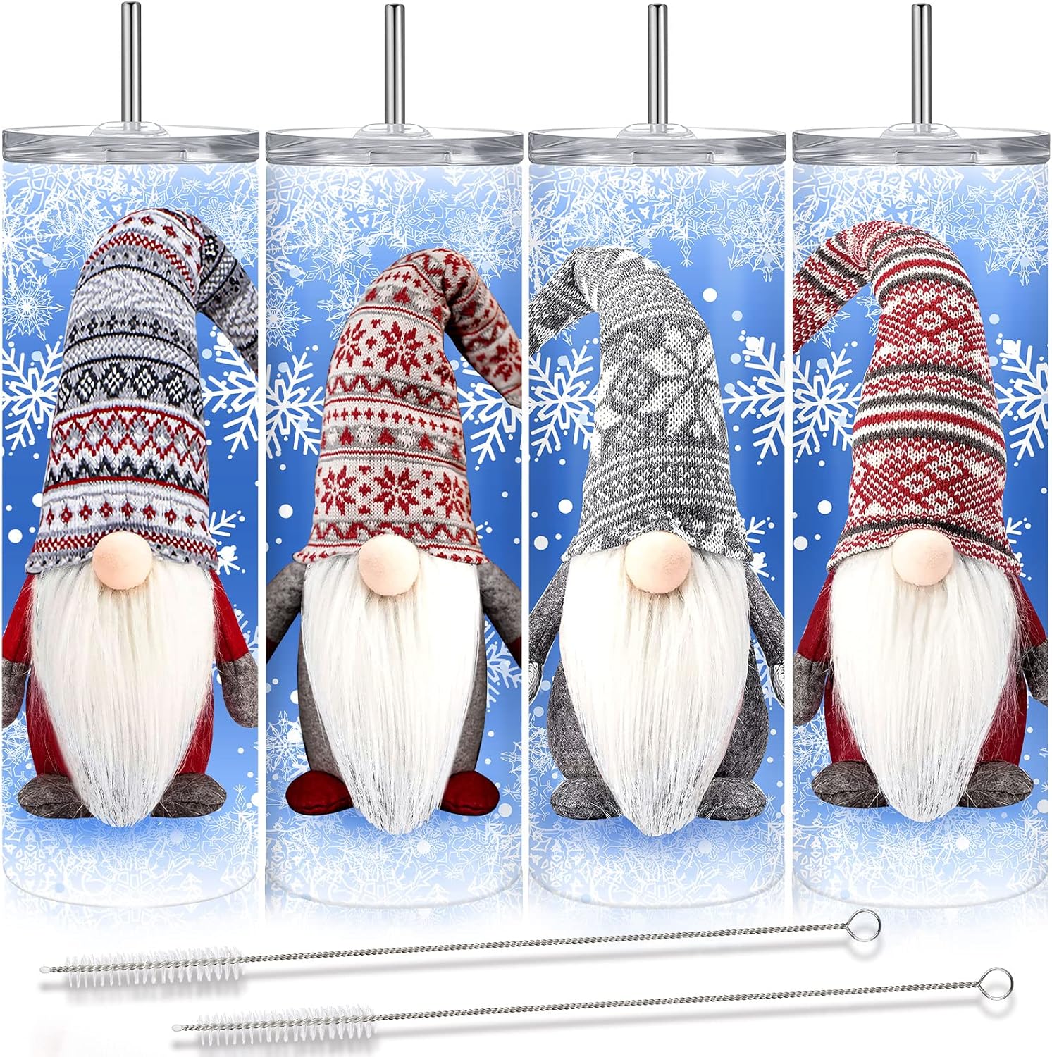 Maxdot 4 Pcs Christmas Tumbler with Lid and Straw Stainless Steel Christmas Cup Double-Insulated Water Travel Mug Vacuum Tumbler with Cleaning Brush Xmas Gift(Gnome Style,Retro Colors)