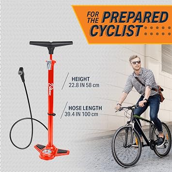 Bikeroo Bike Pump with Gauge - Portable Bicycle Floor Pump w/T-Handle Grip, Anti-Slip Foot Pad, Hang Tag and 100cm Hose - Presta and Schrader Bike Tire Pump for Fast Inflation