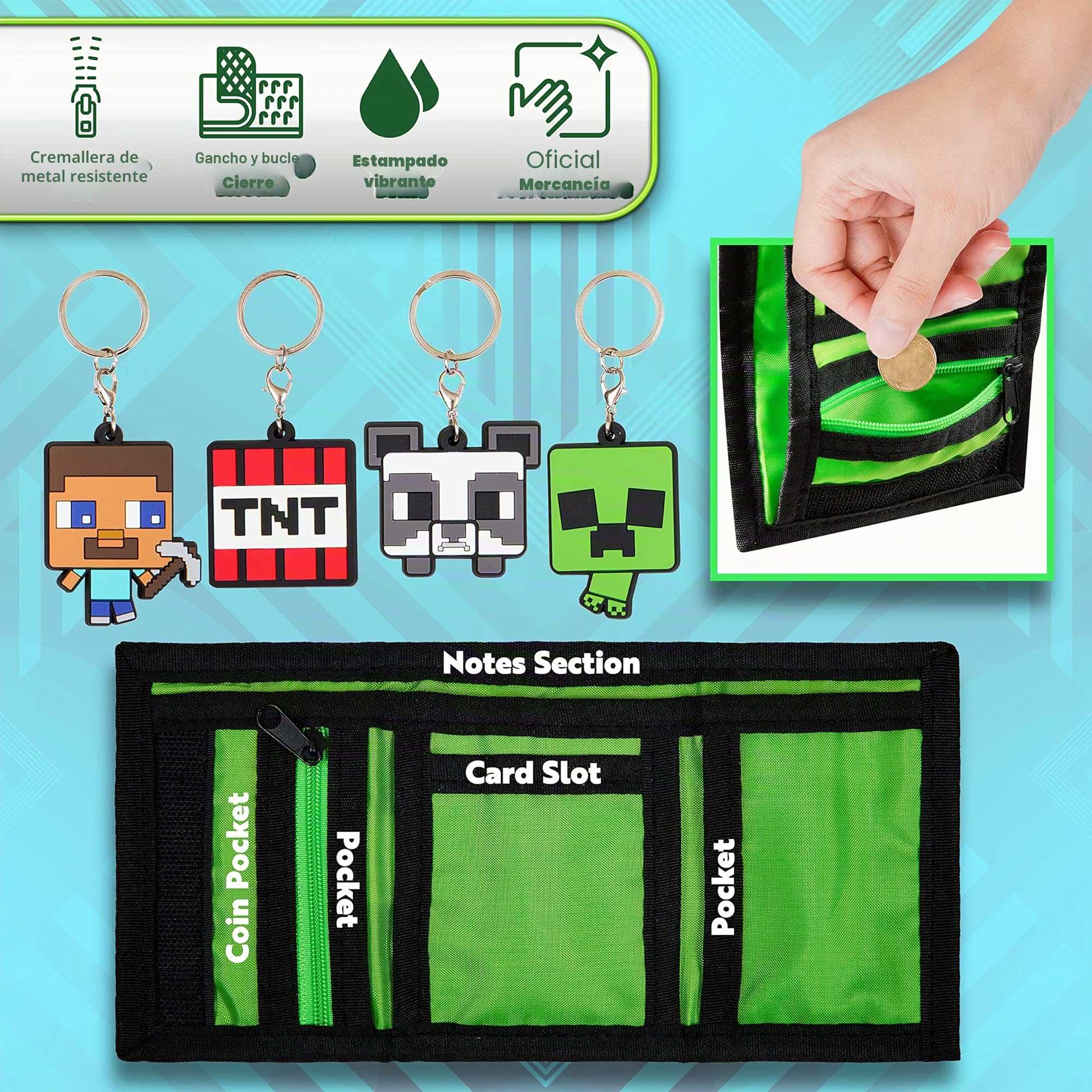Minecraft Cartera para Niños Toda Ocasión En Poliéster con Personaje Green Creeper Monedero Verde Tamaño Bolsillo Cartera Resistente Incluye 4 Llaveros