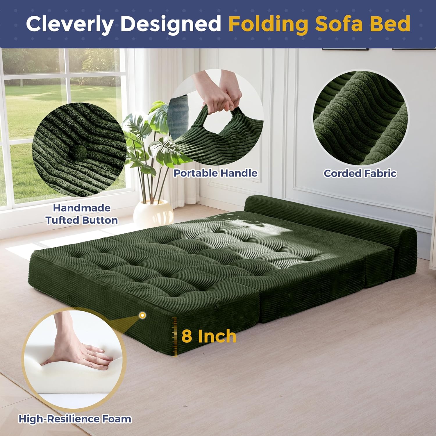 MAXYOYO 8" Folding Sofa Bed, Convertible Sleeper Sofa Lounger Foldable Mattress, Wedge Shape Floor Couch Tufted Fold Out Chair Bed Comfy Floor Couch Lounge for Living Room, Loveseat, Dark Green