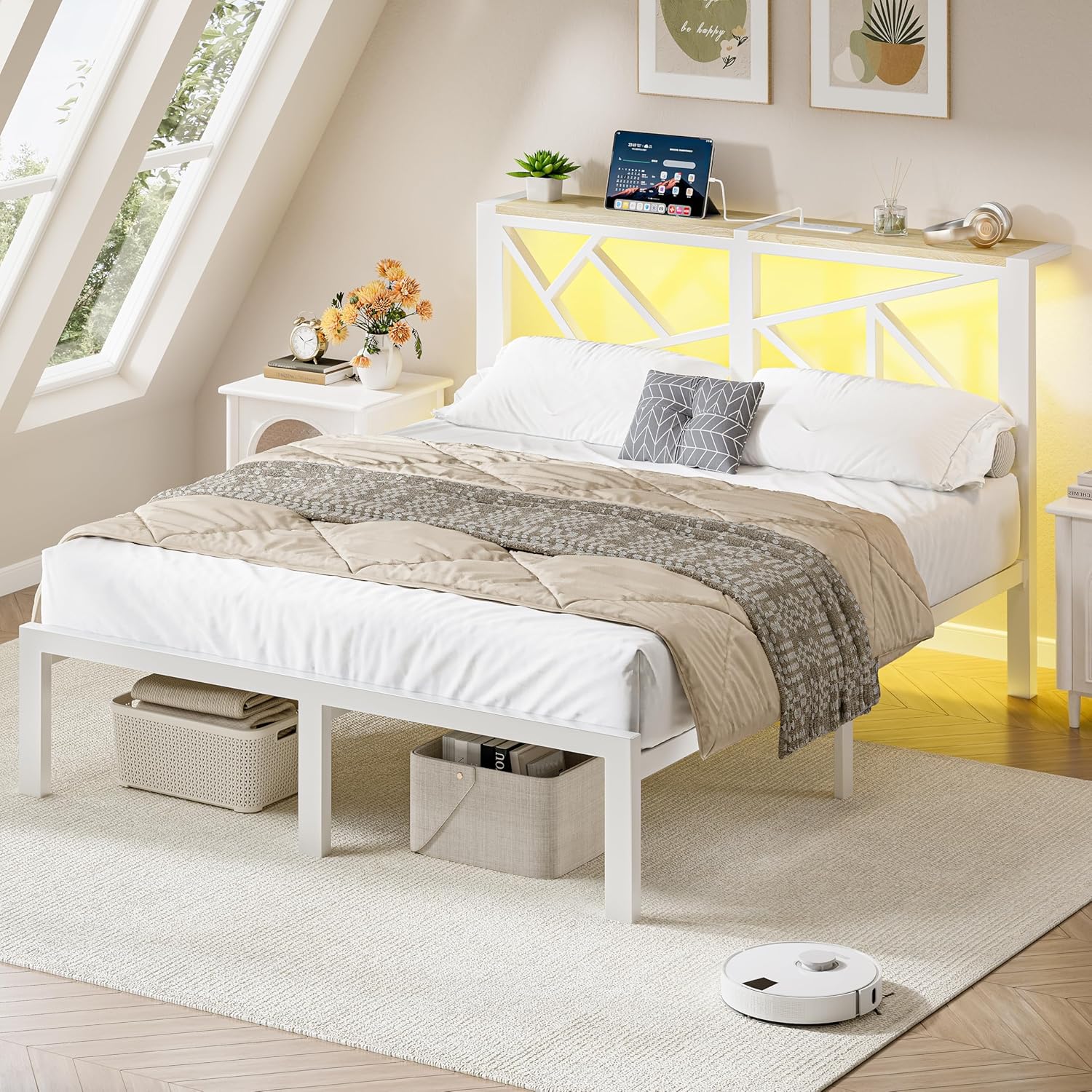 Queen Size Bed Frame with USB Charging Station and LED Lights,Metal Platform Bed Frame with Wooden Storage Headboard,No Box Spring Needed,Noise Free,Easy to Assemble,White - Image 5