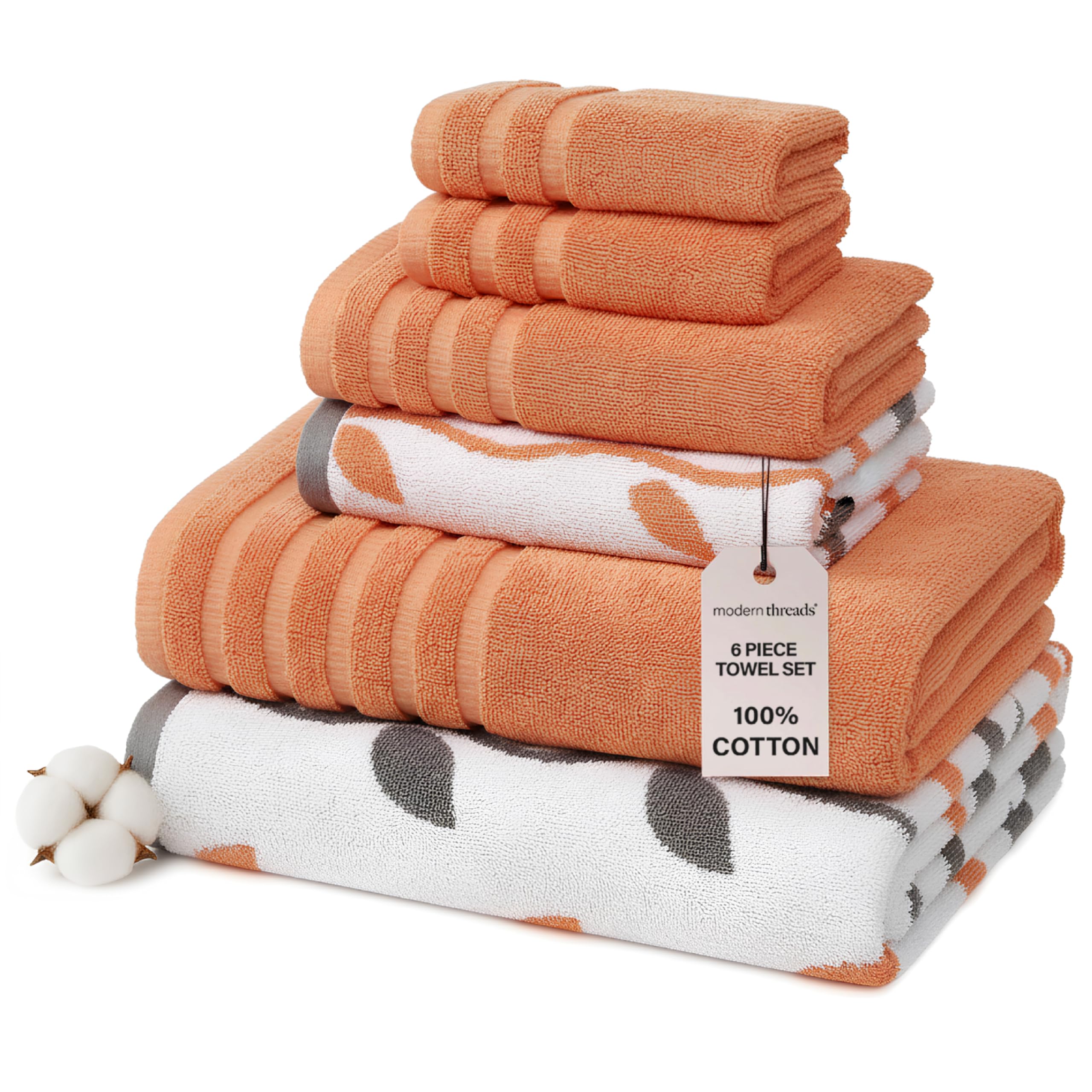 Amrapur Overseas 6-Piece Yarn Dyed Organic Vines Jacquard/Solid Ultra Soft 500GSM 100% Combed Cotton Towel Set [Coral]