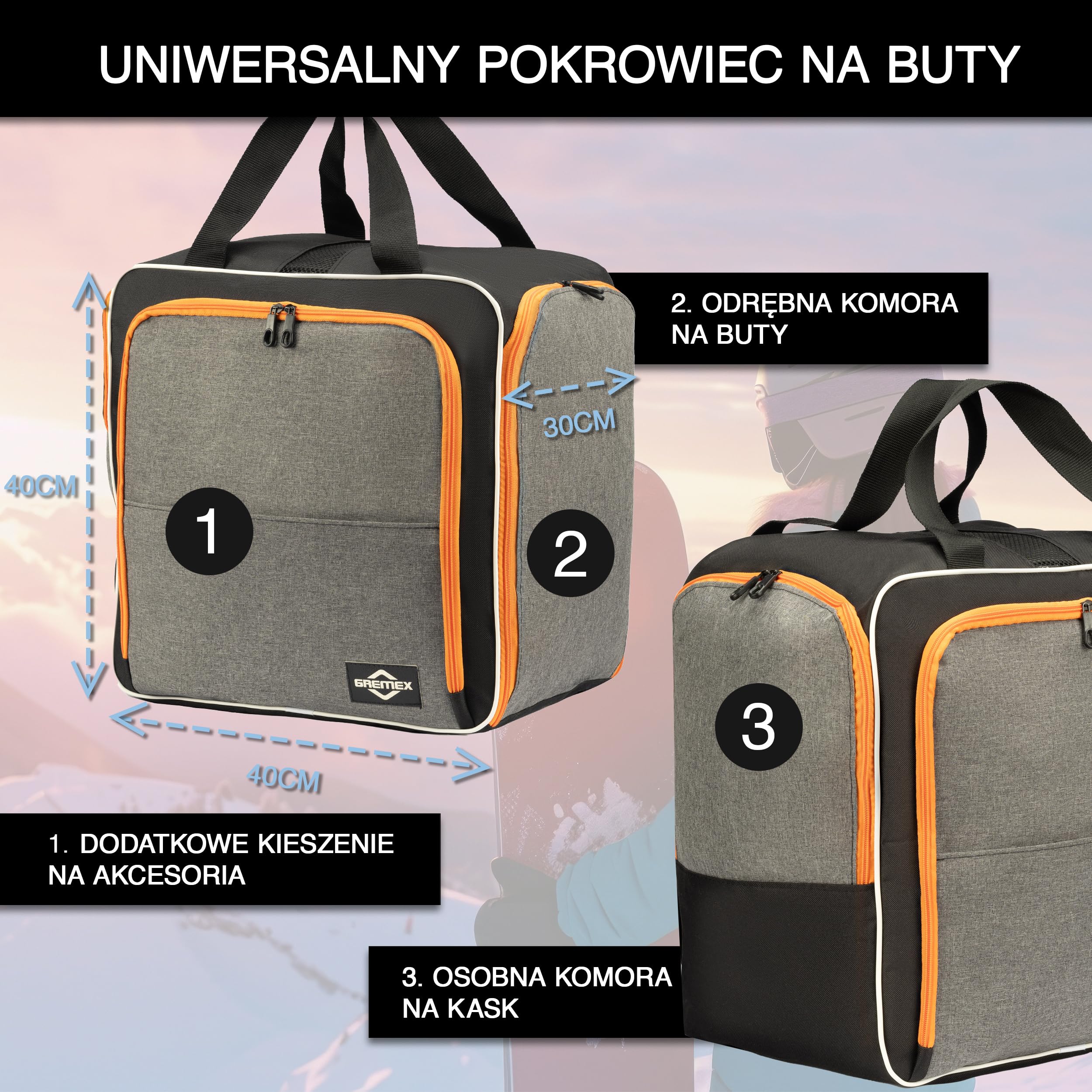 Torba na buty narciarskie z miejscem na kask - Wodoodporna torba na buty narciarskie z przegrodą na kask - Torba na buty narciarskie i kask - Plecak na buty narciarskie z przegrodą na kask