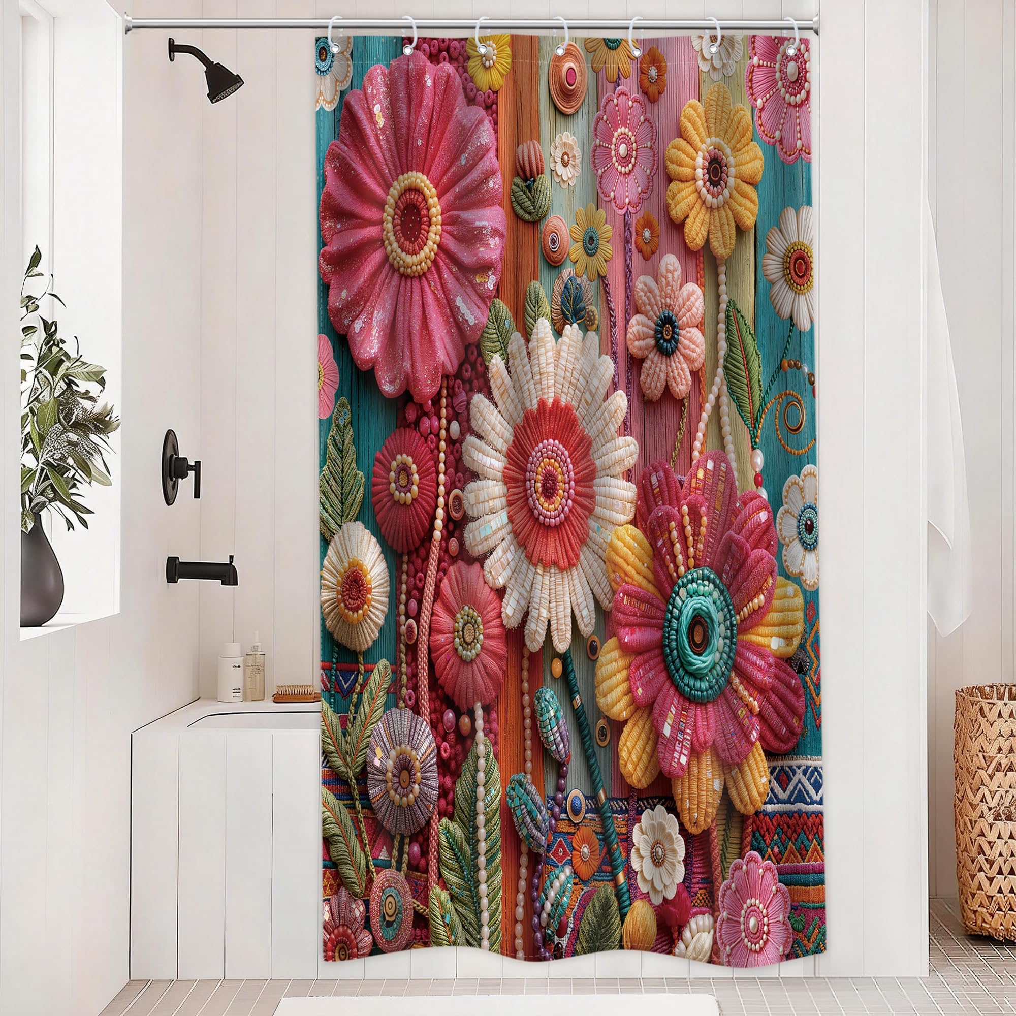 Riyidecor Small Stall Bohemian Embroider Flower Shower Curtain for Bathroom Decor 36Wx72H Rustic Multicolor Blooming Floral Wooden Board Art Printed Fabric Polyester Waterproof 7 Pack Plastic Hooks