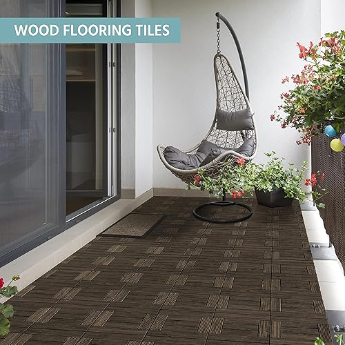 Miniatura 2 de Topeakmart 27 azulejos de madera entrelazados para interiores y exteriores, azulejos de madera entrelazados para patio, jardín, terraza junto a la