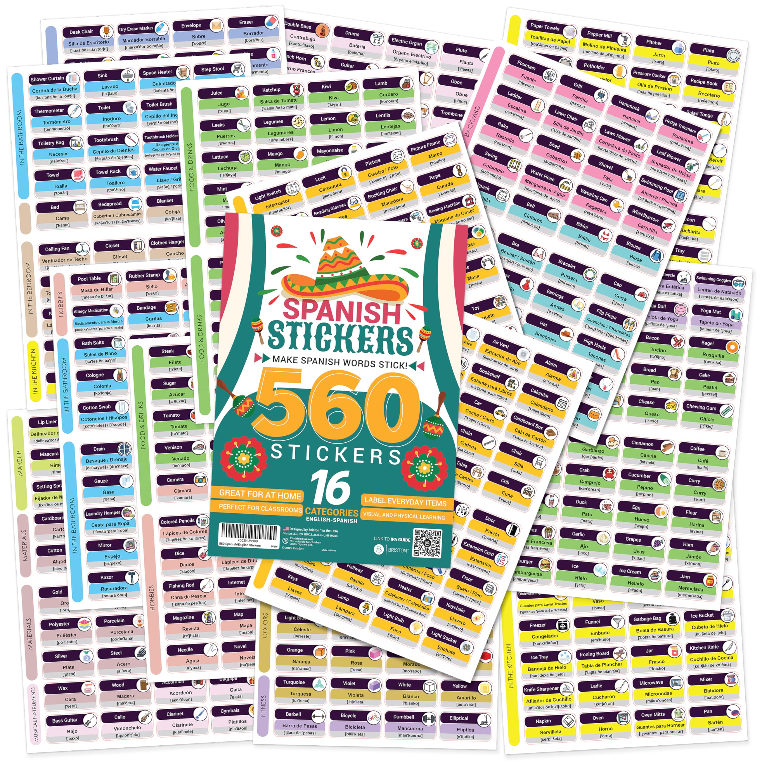 560 Spanish/English Vocabulary Word Sticker Labels – Educational Language Learning Resource for Memory & Sight – Fun for Around The House Game Play - Kids, Grade School, Classroom or Homeschool