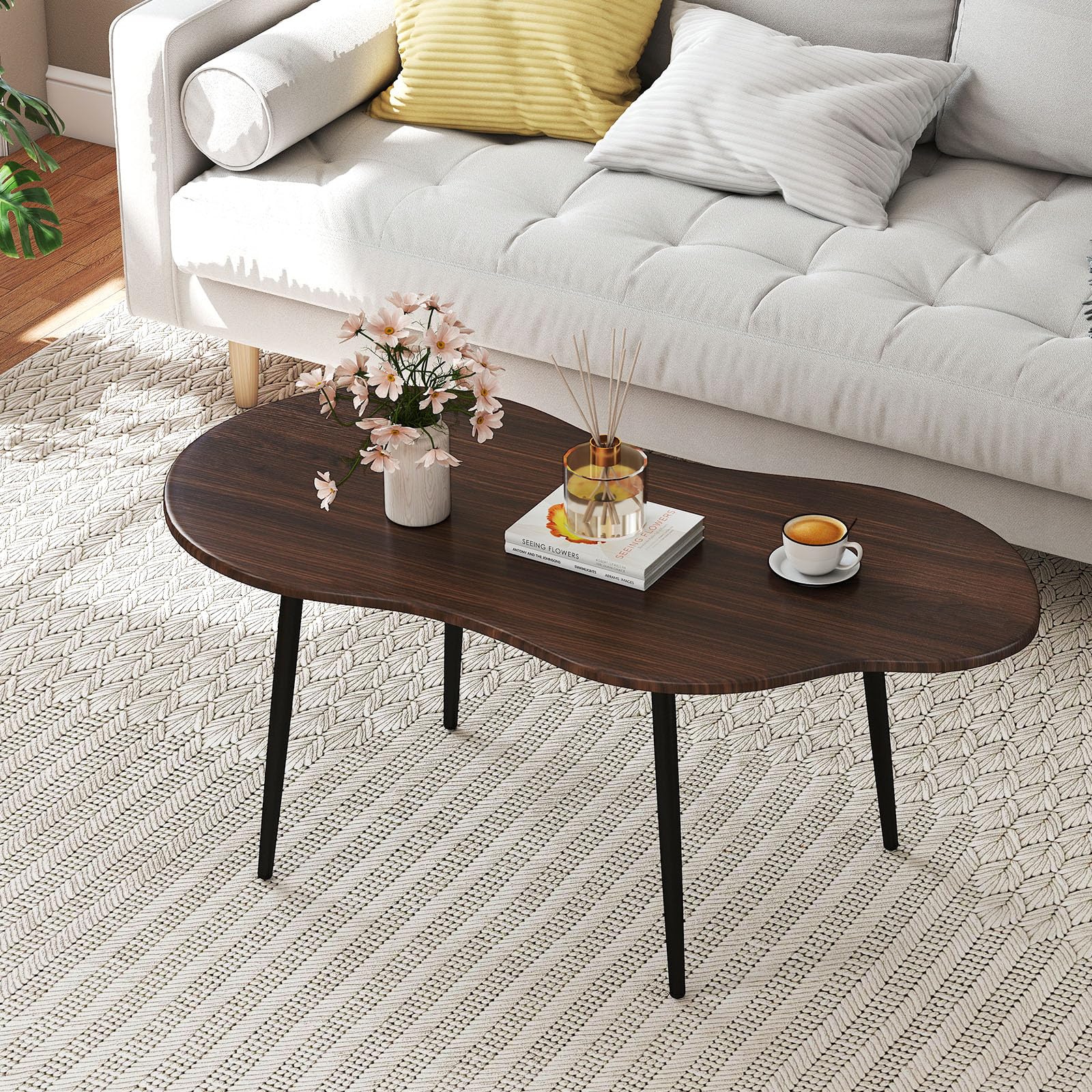 COSTWAY Mesa de Centro con Forma de Nube, Mesita Central Irregular Moderna con Estructura Metálica, Mesita Auxiliar de Madera Decorativa para Saon Oficina Espacios Pequeños, 100 x 50 x 44 cm (Nogal)