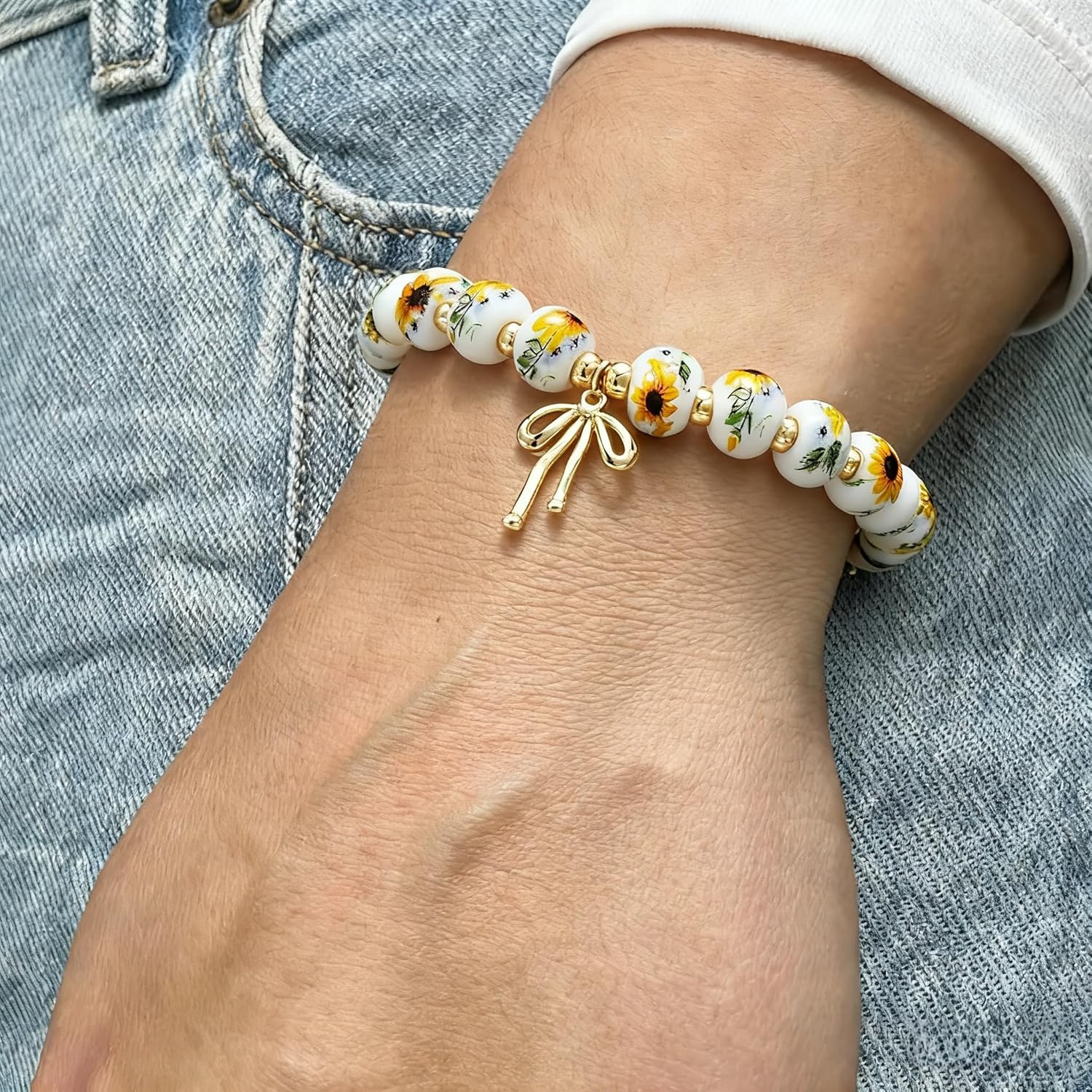 Beads Bow Charm Bracelet for Women Flower Vintage Bracelet Stretch Beaded Gold Bracelets Dainty Jewelry Gifts - Image 2