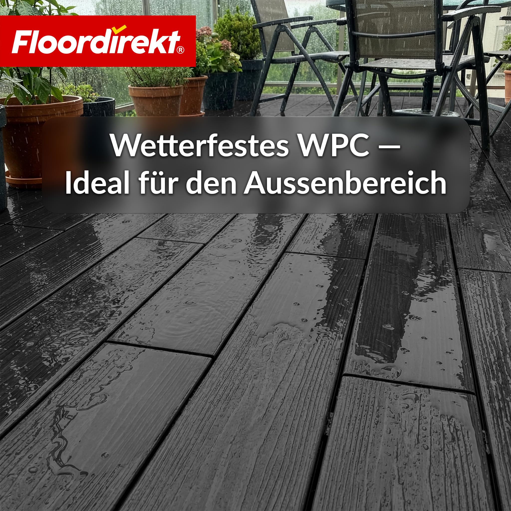 Floordirekt WPC Terrassendielen 220x14,6cm - Komplettset 2 m² – Hohlkammerdiele - Komplettbausatz, inkl. Unterkonstruktion & Montagematerial, wetterfest & UV-beständig - Crown Schwarz