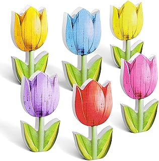 6Pcs Spring Decor Wood Tulips Signs Decorations for Home Retro Wooden Flowers Tiered Tray for Table Office Desk Centerpieces(Multicolor)