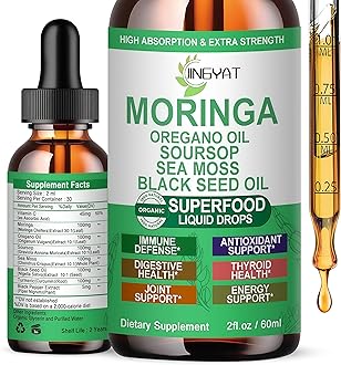 Moringa Liquid Drops,Organic High Absorption Moringa Tincture w/Soursop Sea Moss Black Seed Oil Oregano Oil,Pure Moringa Oleifera Leaf Extract for Energy,Skin,Immune & Gut Health,Non-GMO,30 Servings