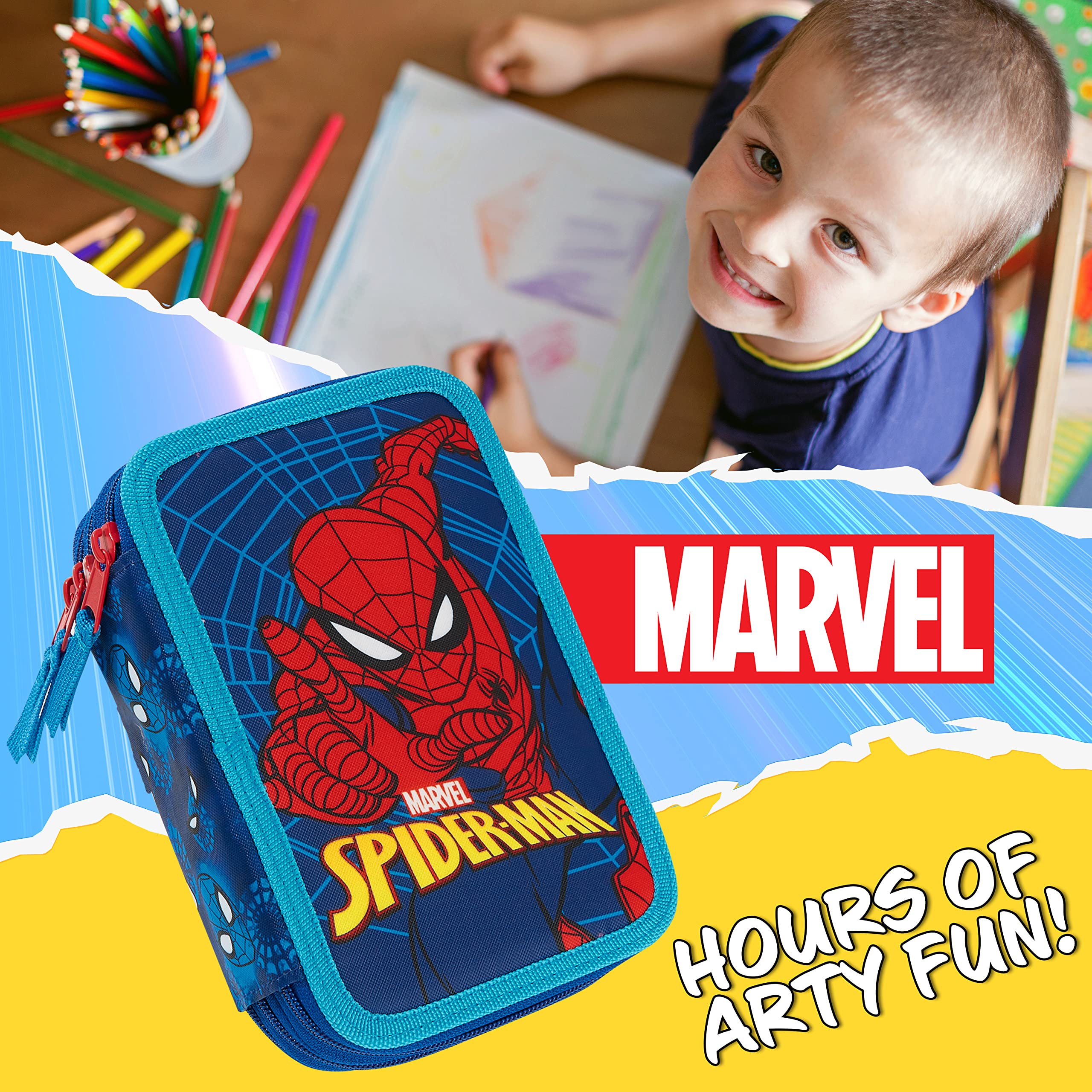 Marvel Astuccio Scuola Porta Penne Completo di Set Cancelleria Astuccio 3 Scomparti Bambino e 2 Scomparti Gadget Spiderman Avengers Ufficiale Regalo Back to School