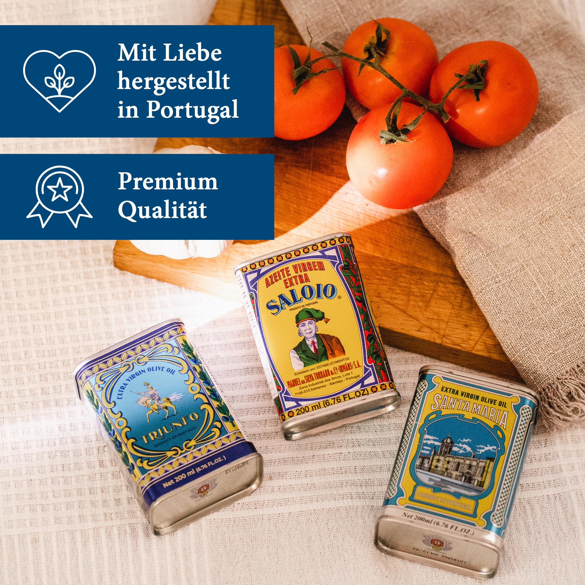 Feinkost Machado Olivenöl 6x 500ml (je 2x) – Probierset | Natives Olivenöl Extra aus Portugal (Triunfo, Santa Maria, Saloio) | Hochwertiges Olivenöl für Salate, Kochen, Braten & mediterrane Küche