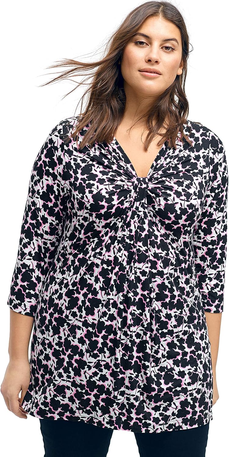 ellos Plus Size Stretch Knit V-Neck 3/4 Sleeve Knot Front Tunic