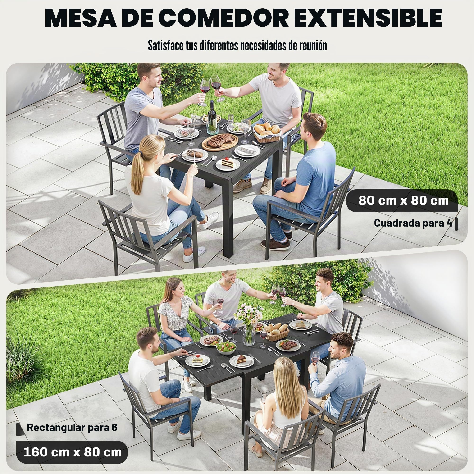 Outsunny Mesa de jardín Extensible para 4-6 Personas 80/160x80 cm Negro | Mesa comedor/balcón rectangular aluminio con tablero lamas, resistente intemperie, para jardín, balcón, terraza.
