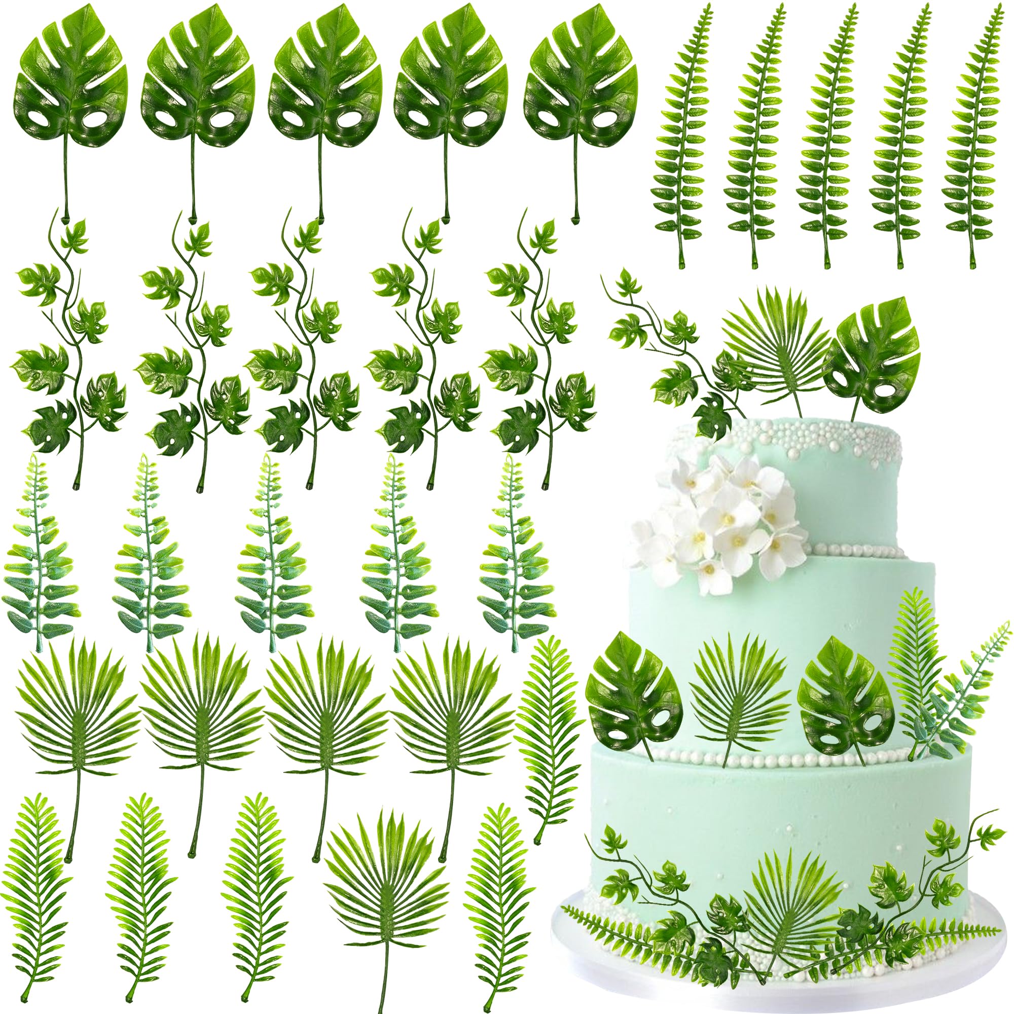 Gyufise 30 Pack Artificial Monstera Leaf Cake Toppers Tropical Palm Green Leaves Cake Decors for Summer Safari Animal Boys Girls Birthday Tropical Rainforest Baby Shower Party Supplies Light Green
