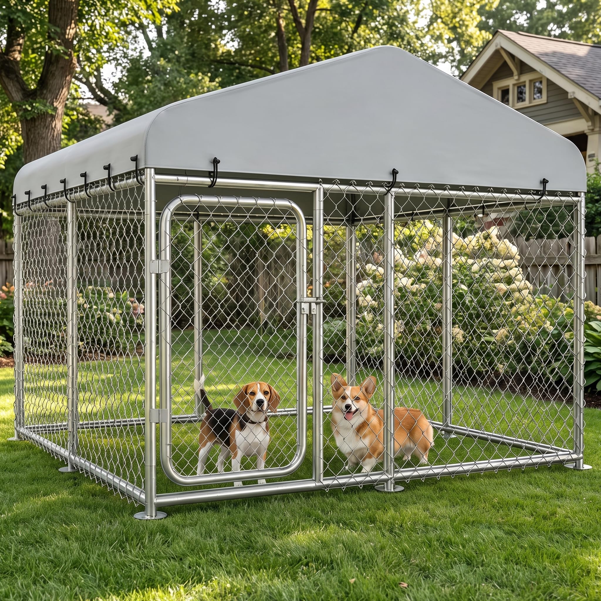 Photo 1 of COMHOMA 7.55×7.55FT Outdoor Dog Kennel with Roof,Heavy Duty Metal Dog Enclosure with Weather-Resistant Cover & Secure Lock for Medium Large Dogs (Gunmetal, 7.55x7.55ft)