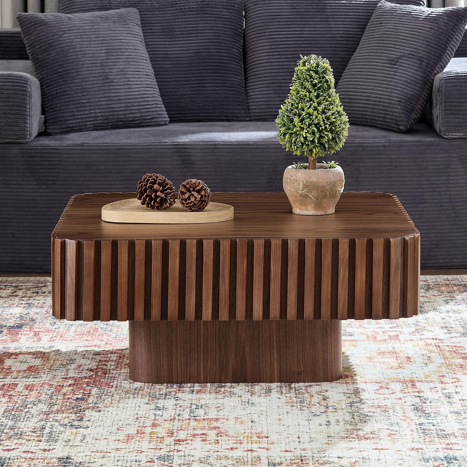 Square Coffee Tables for Living Room, 35.43" Wood Rustic Center Tea Table Modern Accent End Table, with Sturdy Curved Base and Minimalist Fluted Side, Walnut