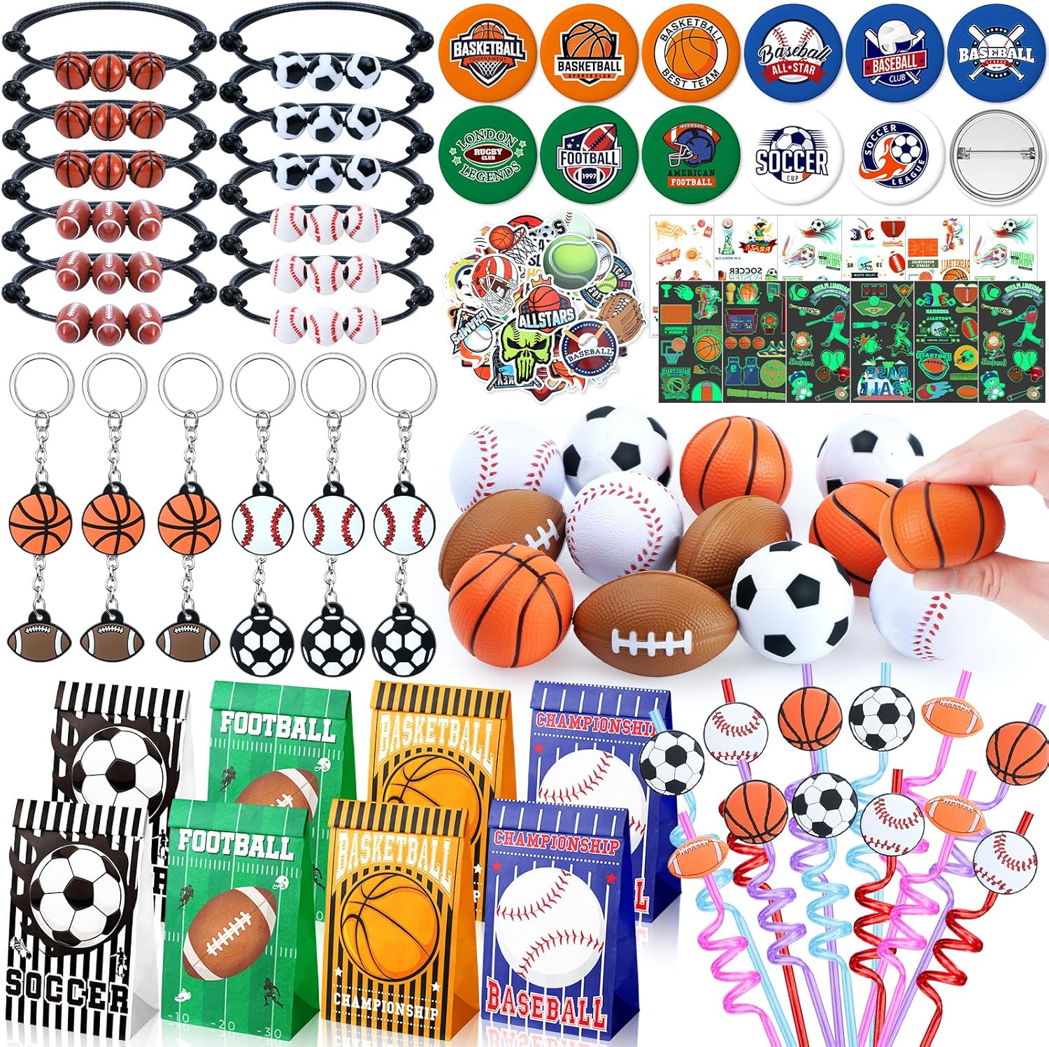 132PCS Sports Party Favors Set Baseball Soccer Basketball Football Birthday Supplies Straws Stress Ball Goodie Bags Stuffers Boys Kids Gift Prize Stickers Keychain Tattoo Badge Sports Party Supplies