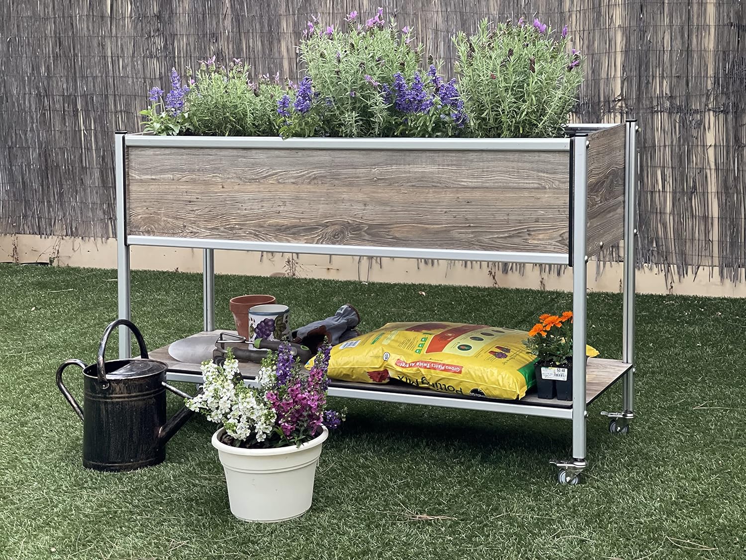 Foreman Elevated Planter Box Cart with Wheels - (18” x 48” x 12” Deep on 30” Legs) with Lockable Stainless-Steel Casters (Amaretto Pine)