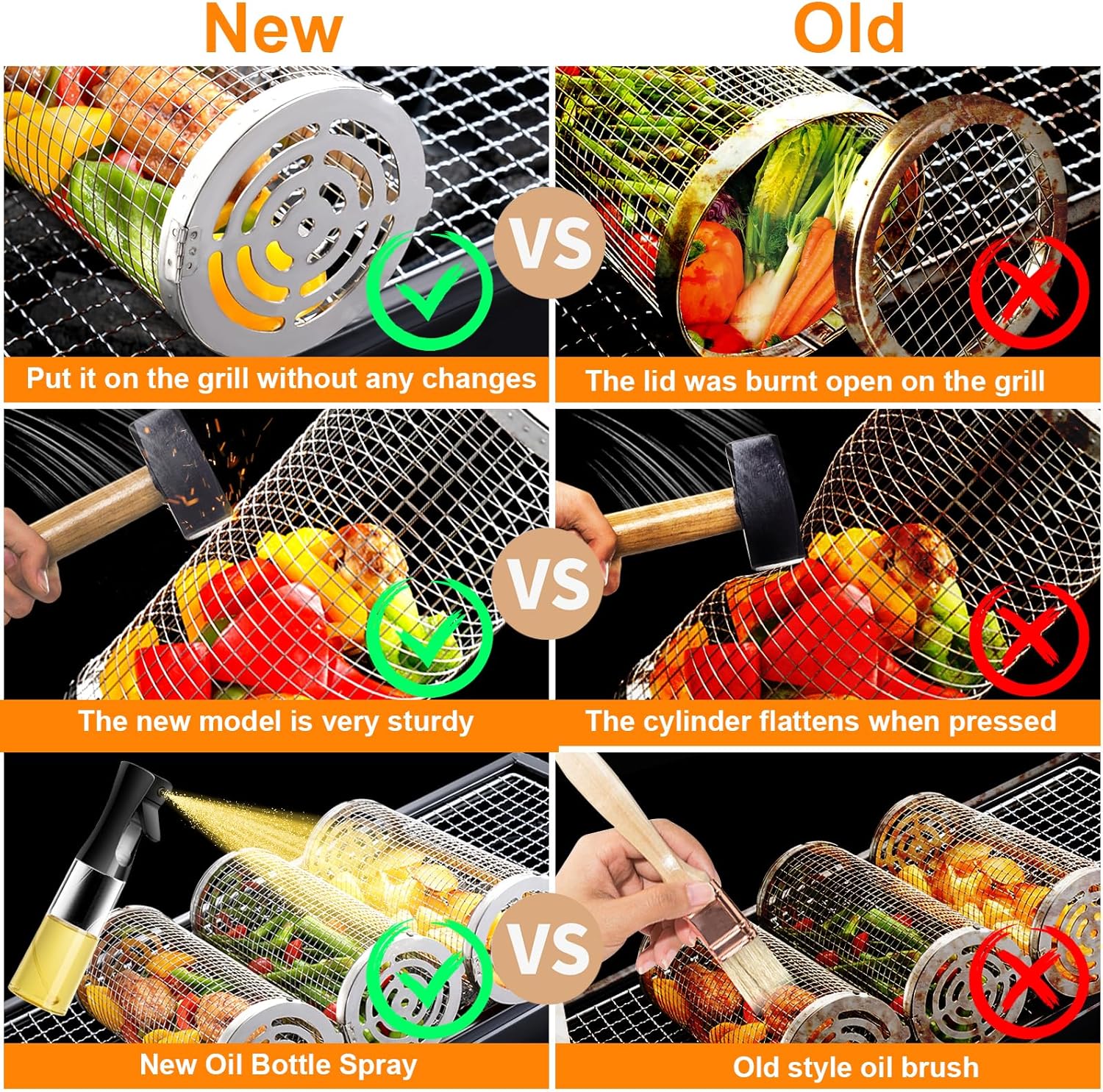 Rolling Grilling Baskets for Outdoor Grill Johnny Stainless Steel Bbq Dragon Net Round Vegetable Tube for Libiyi Dotmalls Barbecue Wire Mesh Cage Basket（4PCS）