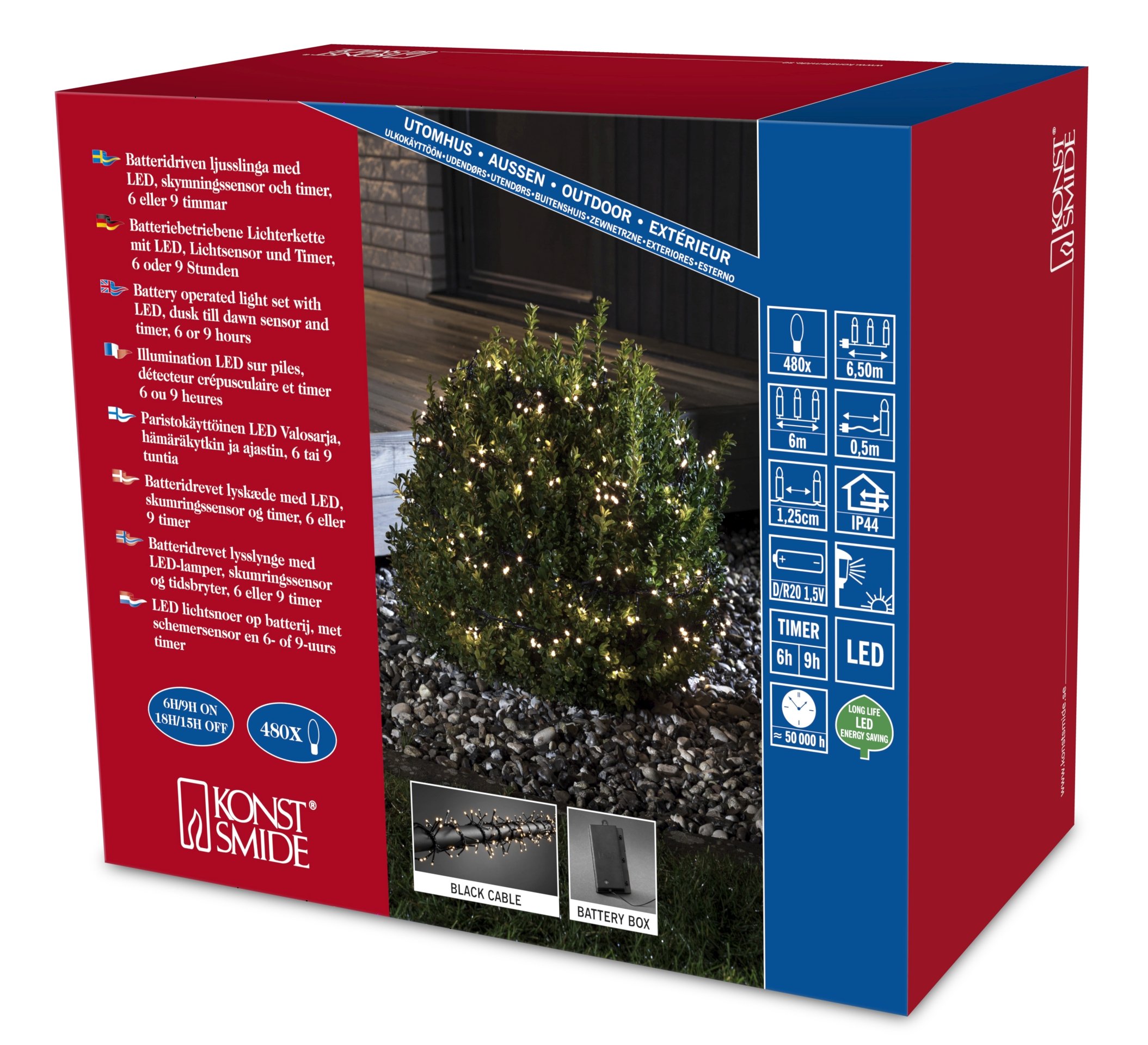 Konstsmide catena luminosa LED a Cluster, con Off e sensore luminoso, timer, per esterni, IP44, 480 diodi a luce bianca calda, funzionamento a batteria, cavo nero, 4 x D 1,5 V exklusiv 3736 – 100