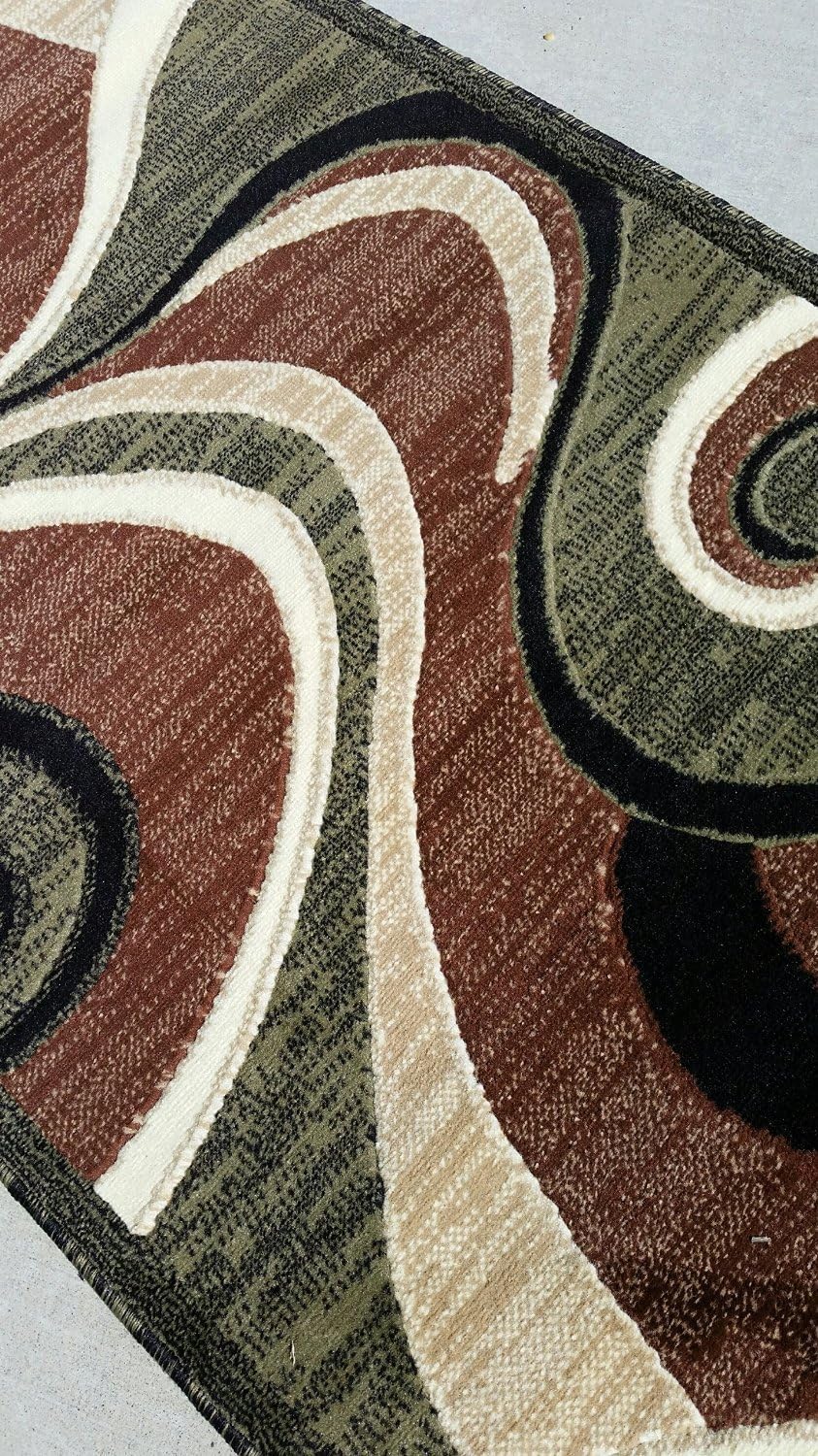 Modern Runner Contemporary Area Rug Carpet King Green Brown Beige Design 144 (2 Feet X 7 Feet 3 Inch)