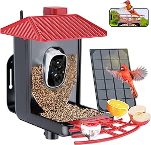 Osoeri Bird Feeder with Camera, Smart AI Identify Wild Bird Feeders Camera, 1080P Auto Capture Bird's Video & Motion Detection, with DIY Add-ons & Hummingbird Feeder, Gifts for Bird Lover (Red Black) asin的图片