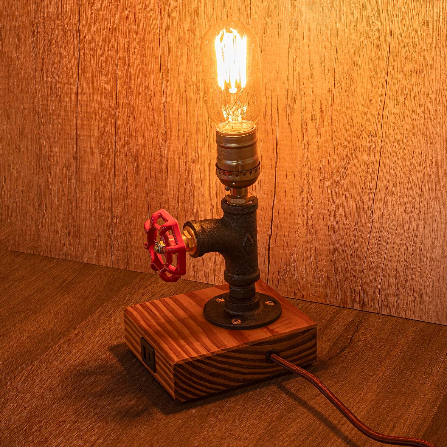 Steampunk Lamp with USB and Type C Ports, Loft Style Industrial Vintage Antique Style Light, Wood Base with Iron Piping Desk Lamp, The Professor Retro Desk Lamp for Bedroom Living Room LL-013-C
