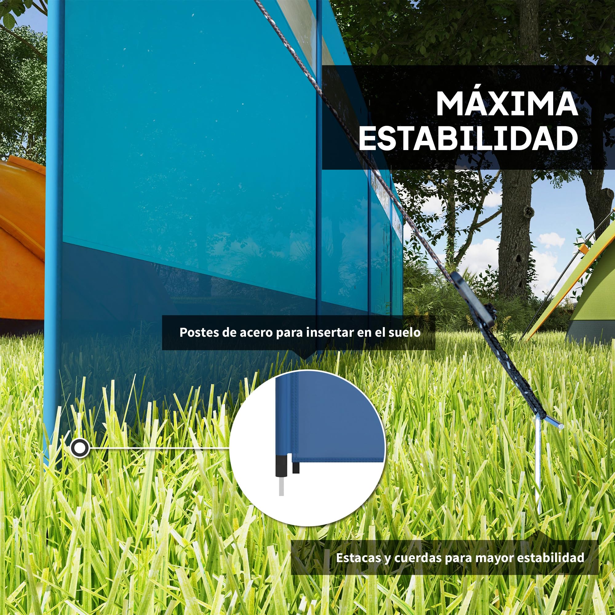 Outsunny Cortavientos para Camping de 4 Paneles, 725x140 cm, Paravientos Playa Impermeable con Postes de Acero, Panel Superior Transparente, Bolsa de Transporte y Estacas, para Playa y Jardín, Azul