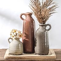 OOIT Ceramic Vases Set of 3 with Handles - Rustic Farmhouse Boho Flower Vases for Table Mantel Entryway Shelf - Brown Neutral Decor