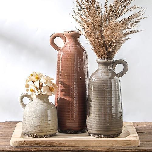 Ceramic Vases Set of 3, Neutral Rustic Farmhouse Vase with