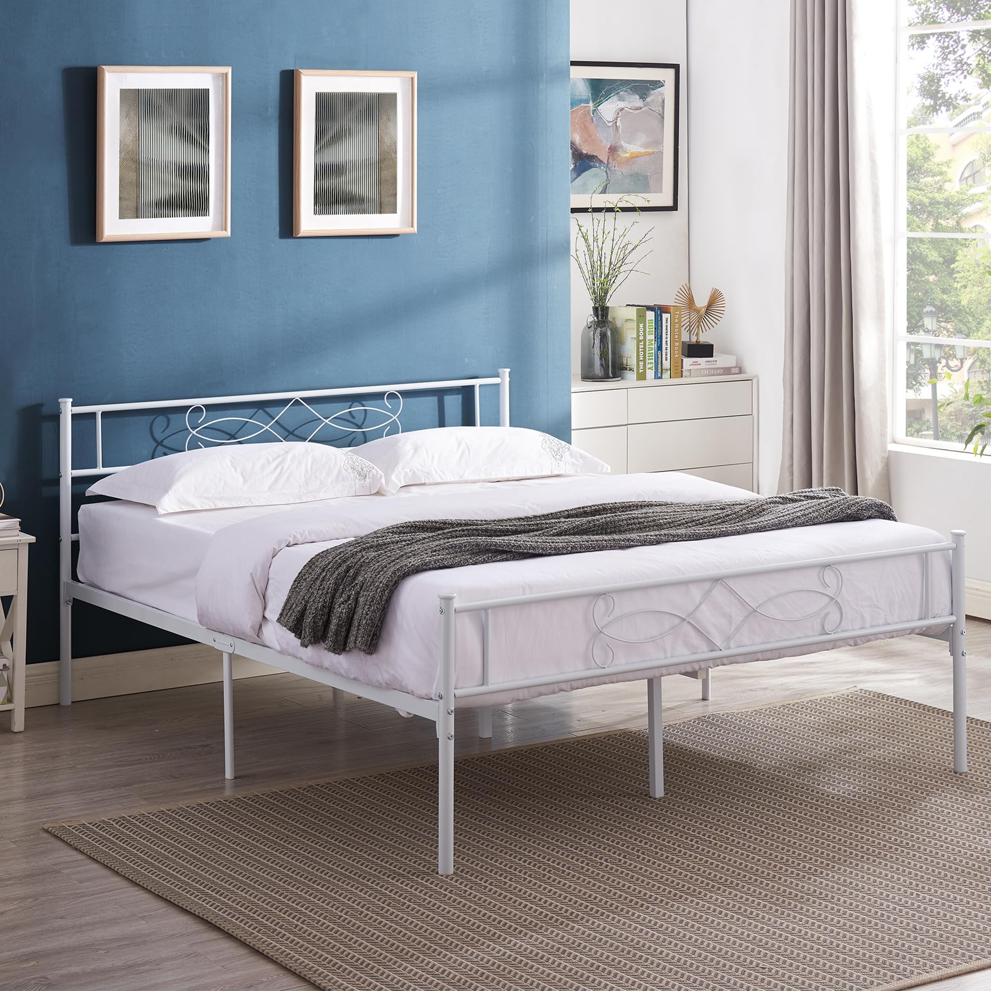 VECELO White Full Size Bed Frame Metal Platform/Mattress Foundation with headboard Footboard/Steel Slat Support/No Box Spring Needed/Easy Assembly