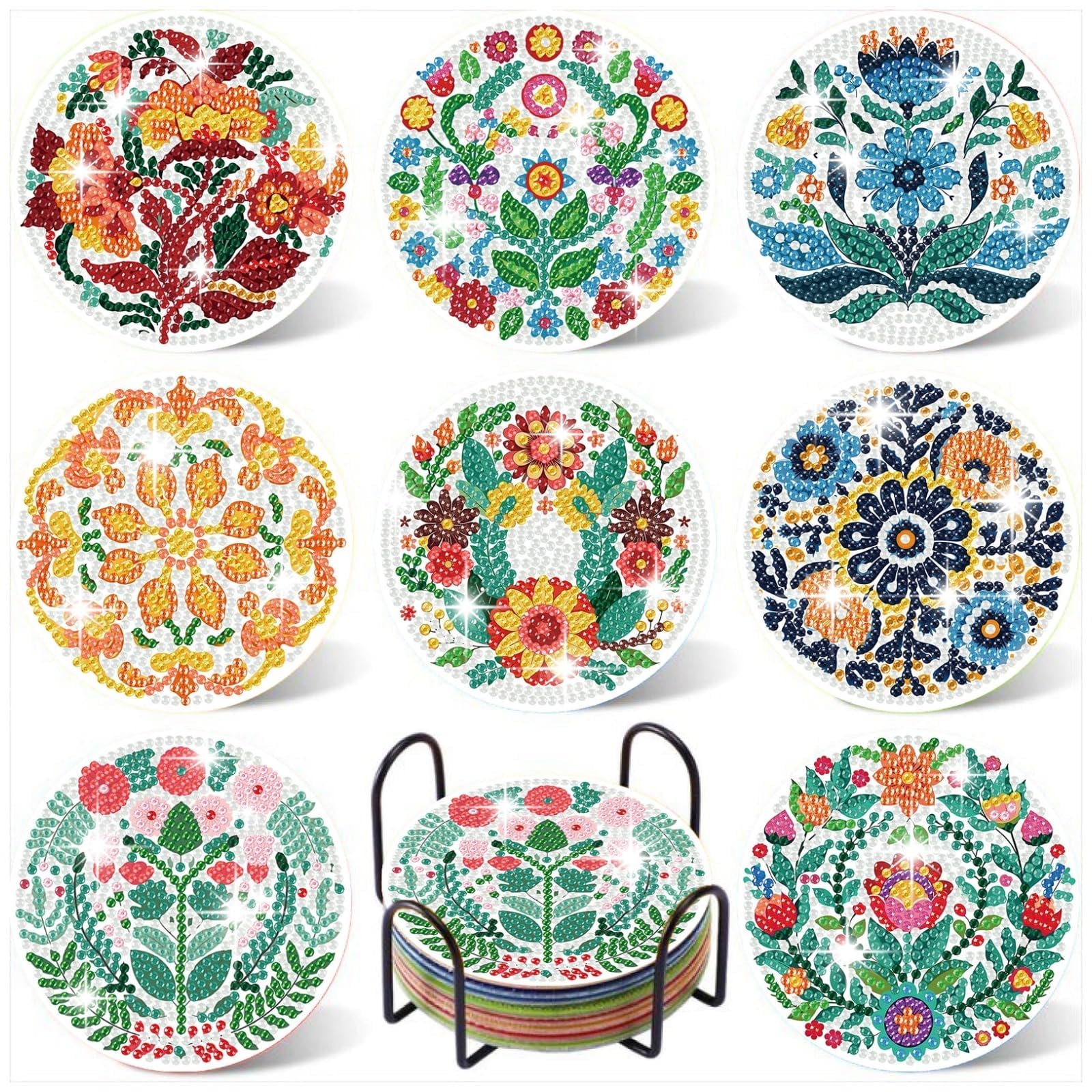 EFNHJF5 8 Stück Diamond Painting untersetzer mit Holder,Abstrakte Pflanzen Diamond Painting für Anfänger, Diamond Painting Erwachsene & Kinder,Küche Wohnzimmer Dekoratio
