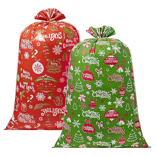 Dreamcountry 2Pcs Jumbo Large Christmas Gift Bag, 36 x 56 In Extra Large Christmas Gift Bags with Tag & Tie, Gift Bags for wrapping Xmas Gift, Huge Plastic Gift Bags