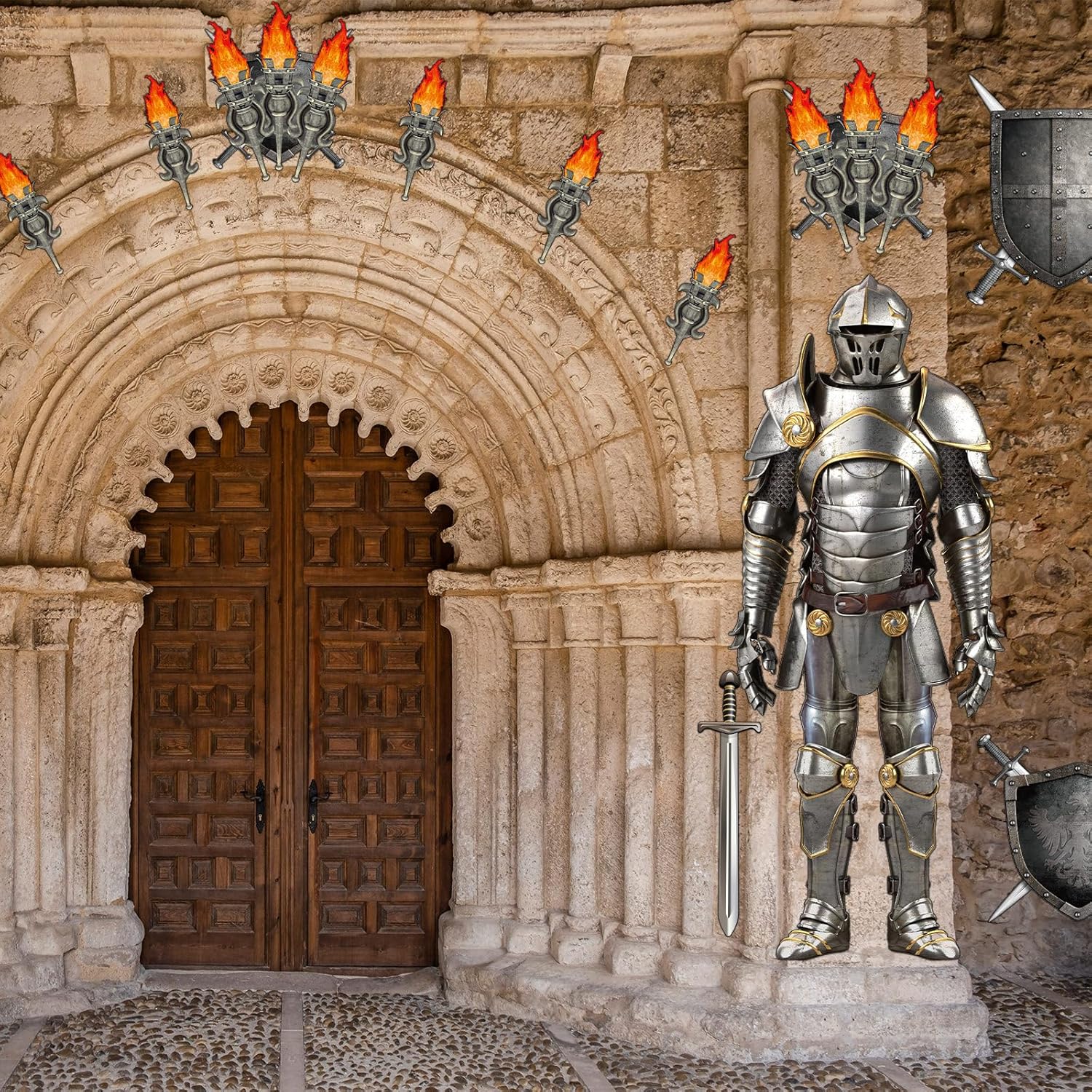 30 Pieces Medieval Party Decorations 6 Feet Jointed Suit of Armor Knight Cut Out Torch Props Medieval Shield Photo Prop for Birthday Halloween Medieval Renaissance Knight Castle Party Wall Decoration