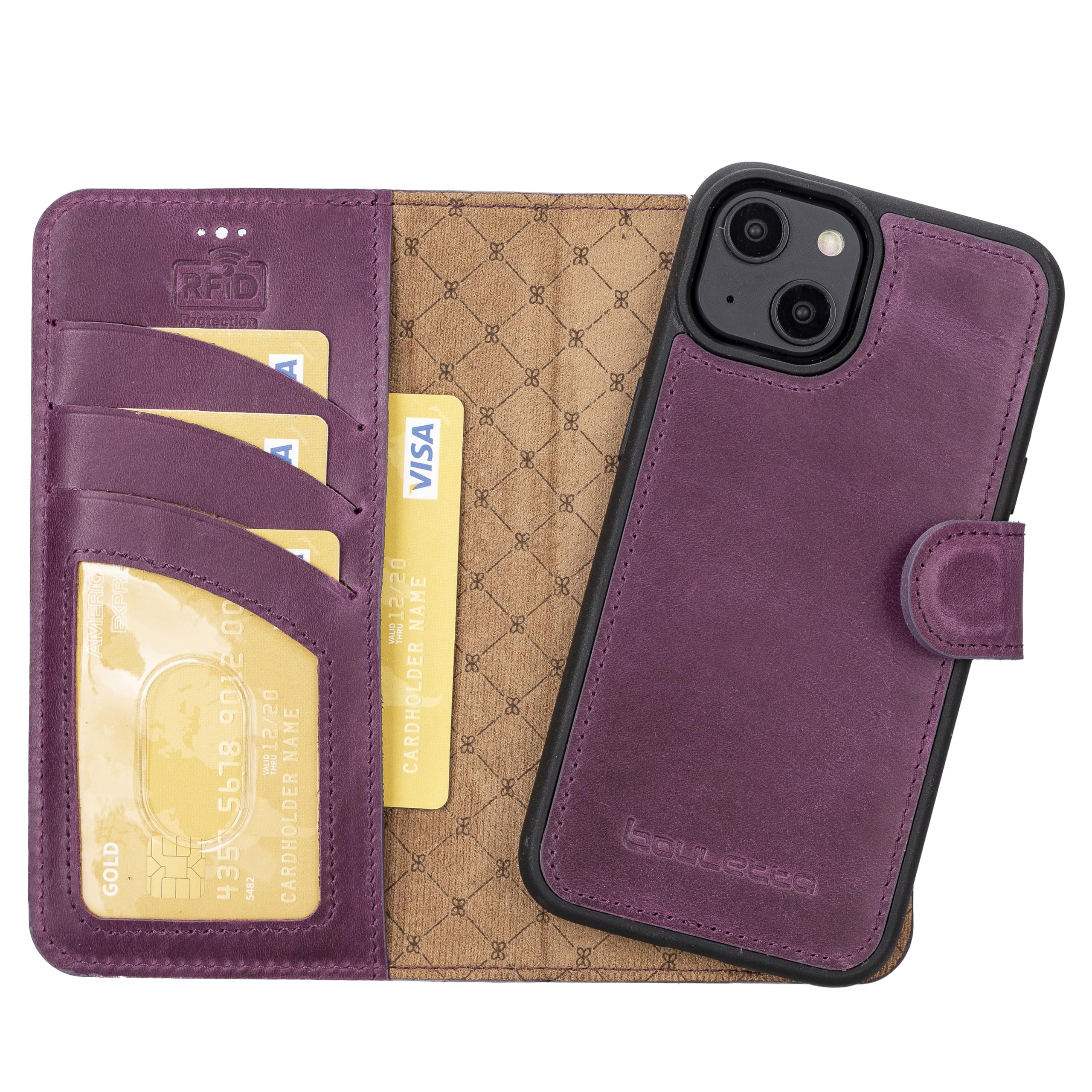 BOULETTA for iPhone 14 Wallet Case Magsafe Compatible Full Grain Leather, Magnetic Detachable Folio Phone Wallet Case (2 in 1) - 3 Card Holders with RFID Blocking 6.1 inch, Purple