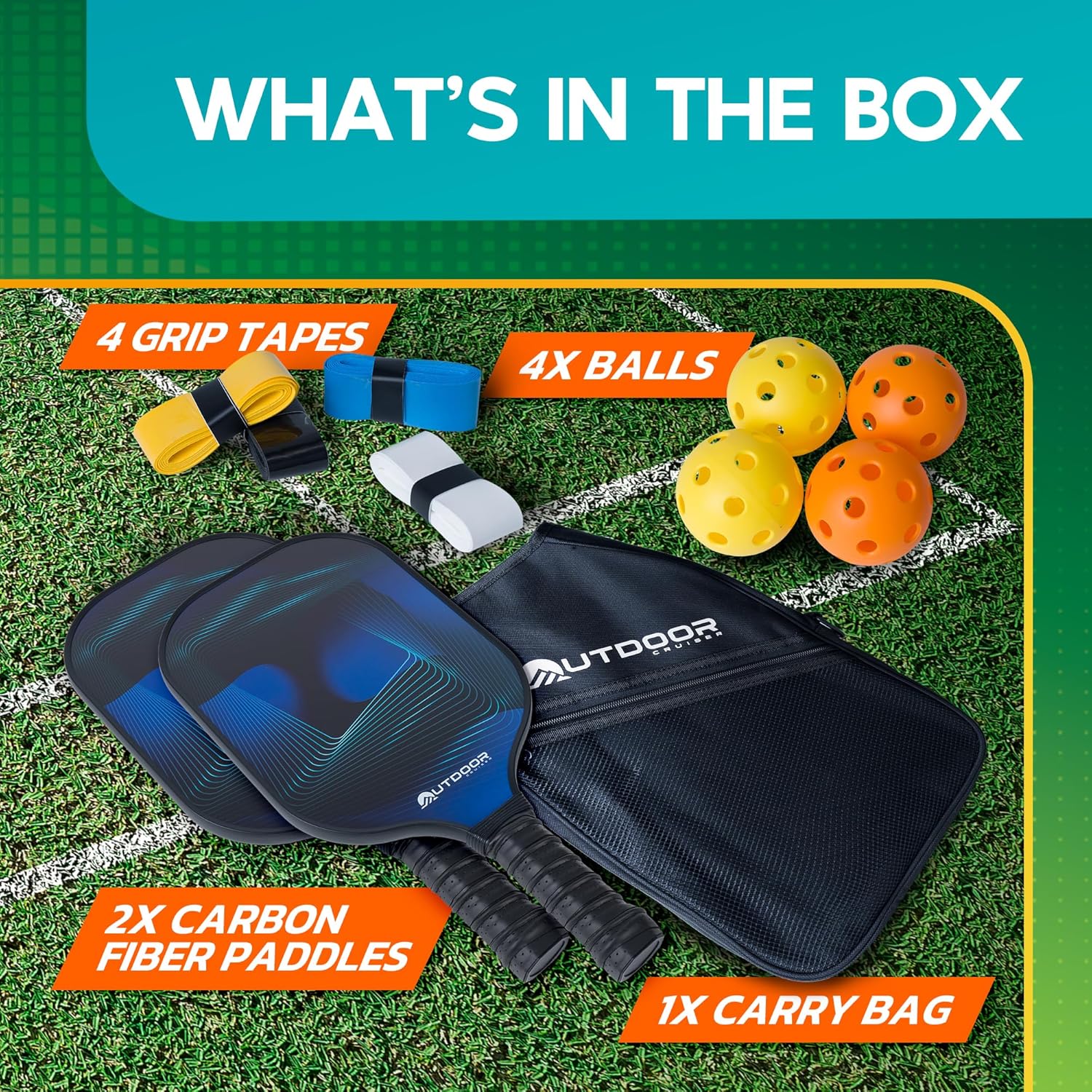Outdoor Cruiser Pickleball Paddle Set – USAPA Approved, Premium Fiberglass Paddles with Lightweight Shock-Absorbing Grip, Includes 2 Rackets, 4 Balls, Grip Tapes, and Sling Carry Bag