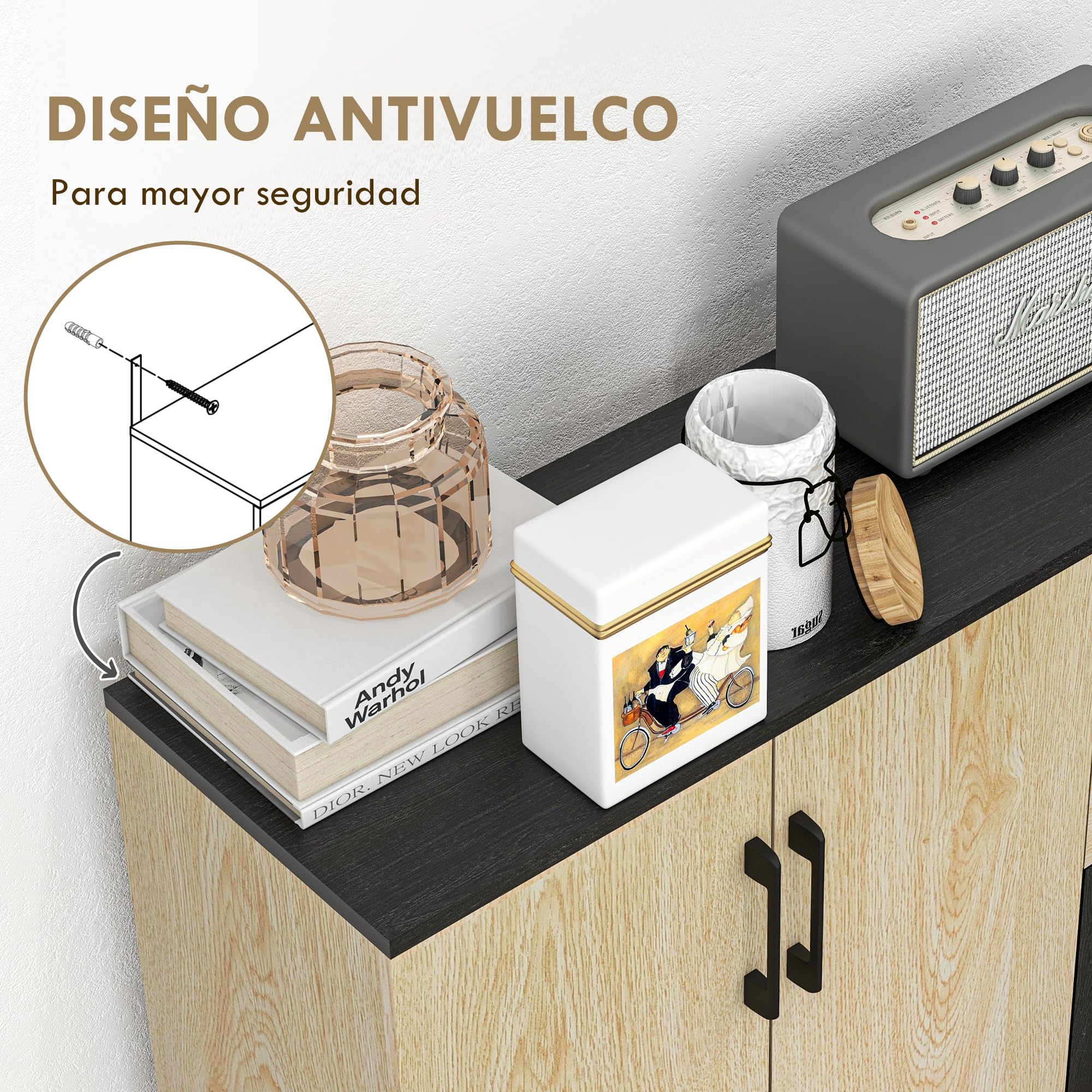 HOMCOM Aparador de 2 Puertas con 2 Cajones 90x30x75,5 cm Natural y Negro | Aparador de Salón Estrecho, Armario de Cocina con Estante Ajustable, para Entrada, Dormitorio, Mueble Auxiliar de Cocina