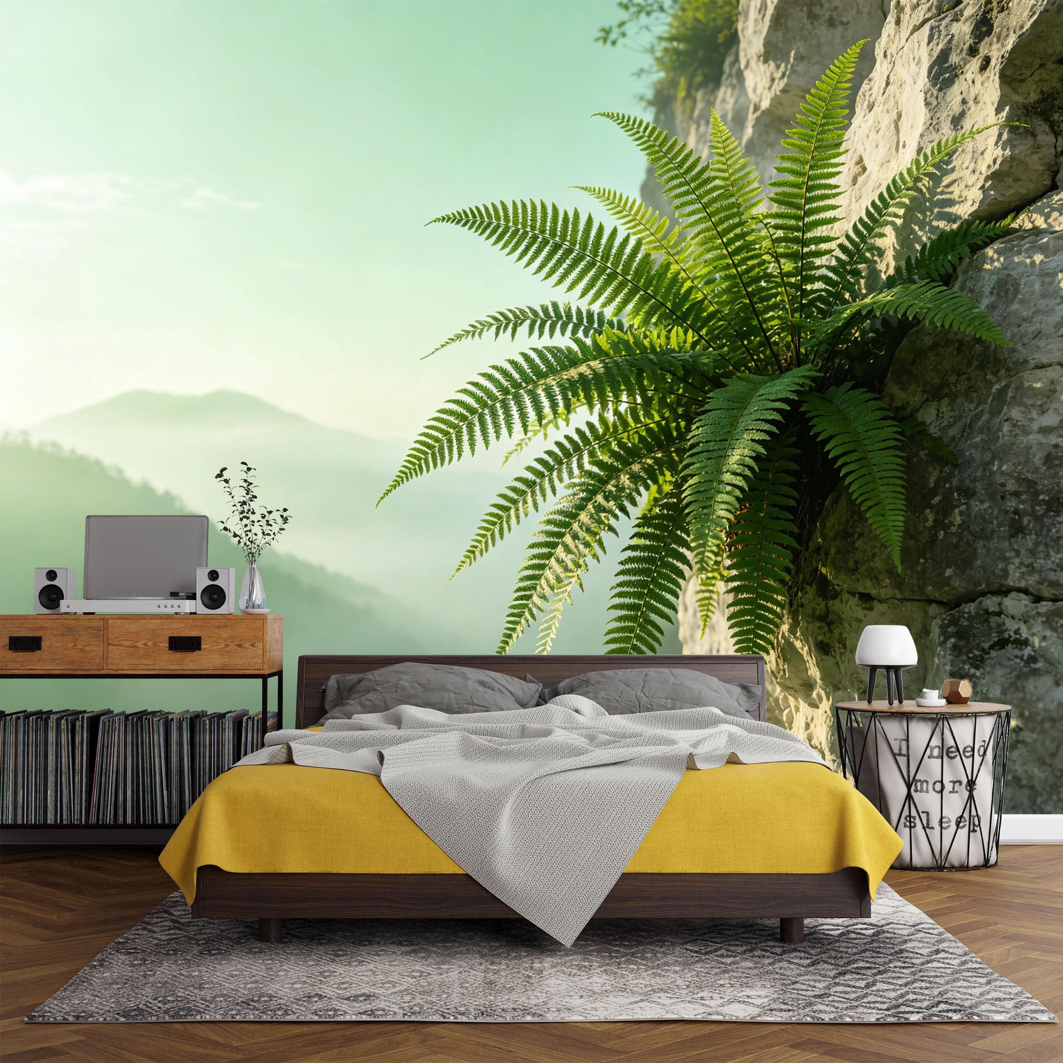 Custom Size Wall Mural Mountain Cliff Fern Botanical Landscape SelfAdhesive Art Prints wall Fabric (No PVC) Removable Wallpaper Living Room Decor Nature Wall Art