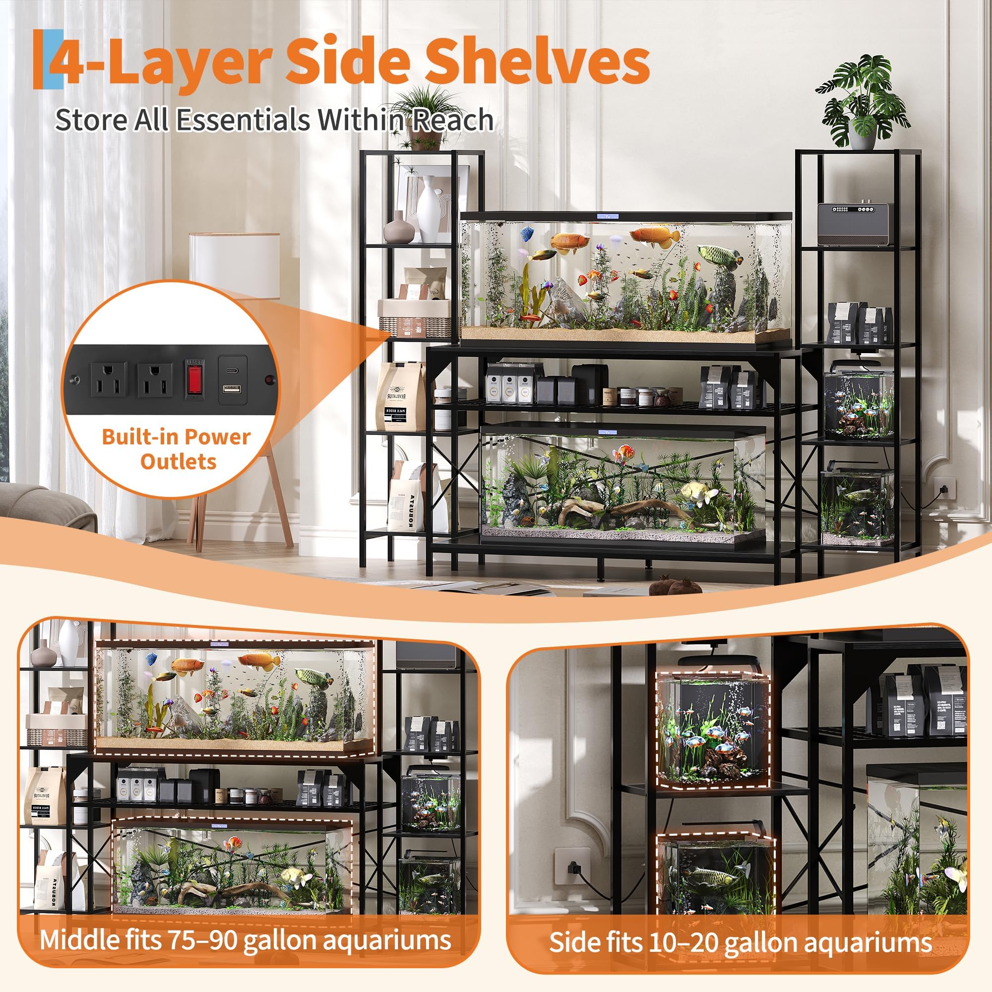 Garvee Soporte Reforzado para Acuario 20-90 Galones – Estructura Metálica con 12 Patas y 4 Estantes – Capacidad 390kg – con Enchufe Eléctrico – Mueble para Peceras y Terrarios – Salón y Hogar –