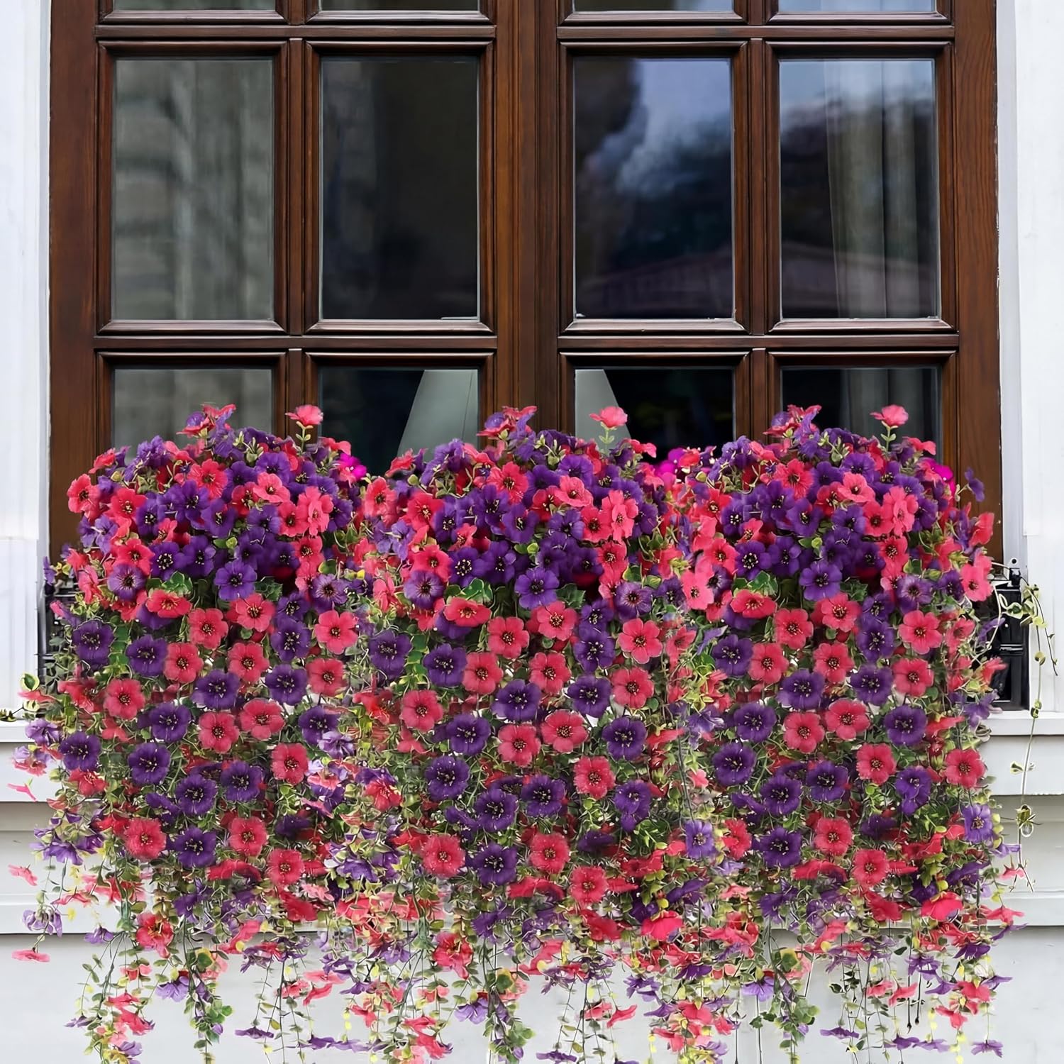 6 Pcs Artificial Fake Hanging Flowers Plants for Outdoor Decoration Red Purple Faux Silk Morning Glory Long Vines Stems UV Resistant Look Real for Spring Summer Outside Home Porch Patio