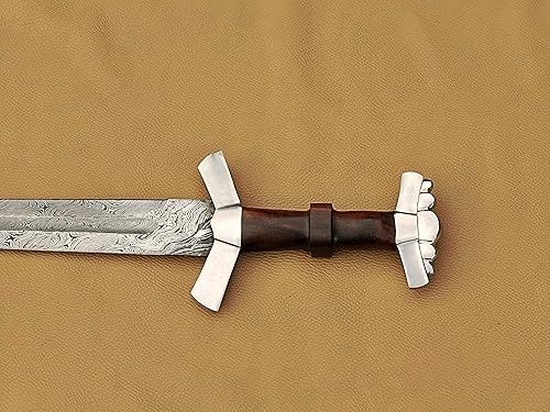 Miniatura 4 de Espada vikinga de acero de Damasco hecha a mano con mango de madera de rosa  Espada medieval con vaina.