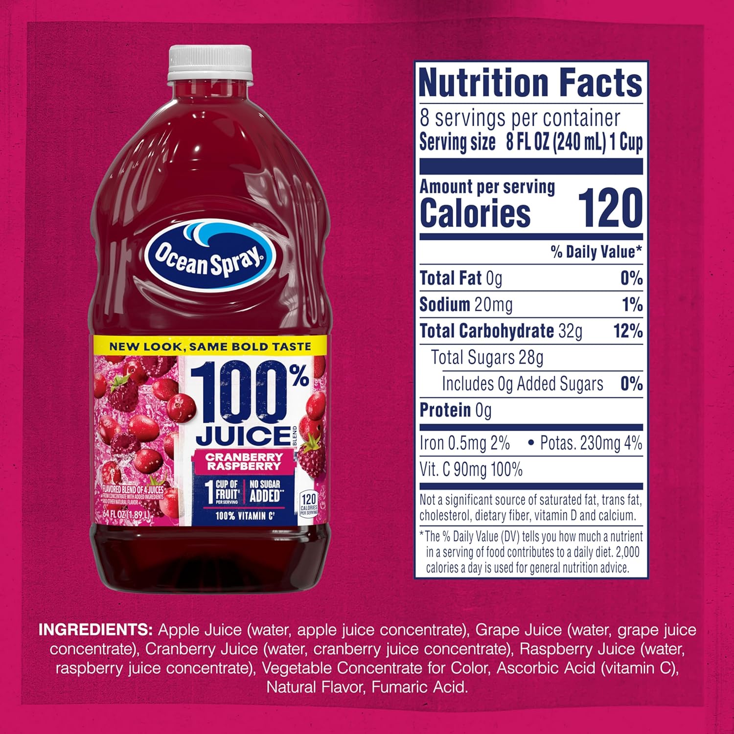 Ocean Spray® 100% Juice Cranberry Raspberry Juice Blend, 64 Fl Oz Bottle (Pack of 8)