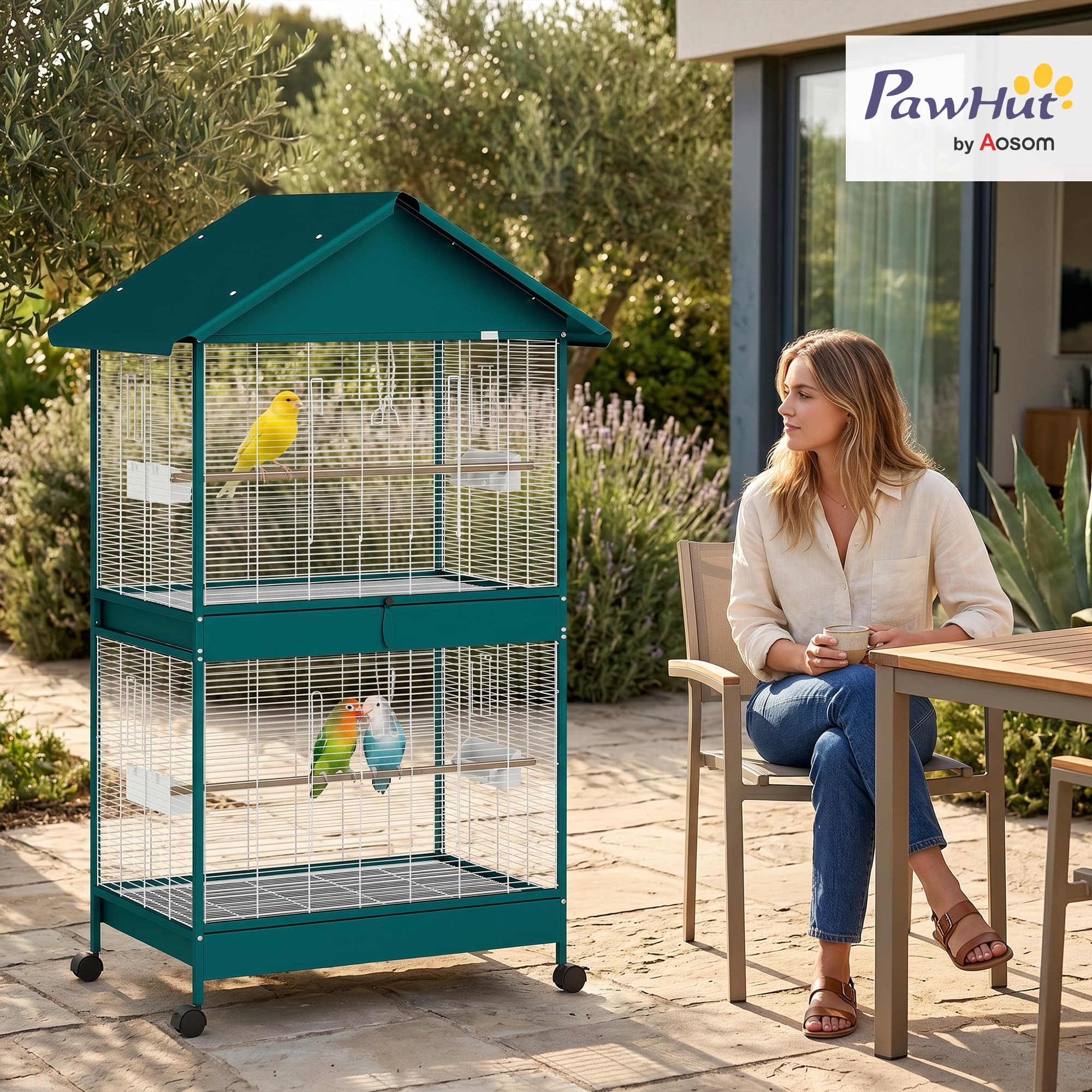 PawHut Grande Cage à Oiseaux Roulante, Volière Oiseaux Intérieur/Extérieur, Séparateur Amovible, 4 Mangeoires, 2 Perchoirs, 2 Plateaux, 94x70x158 cm