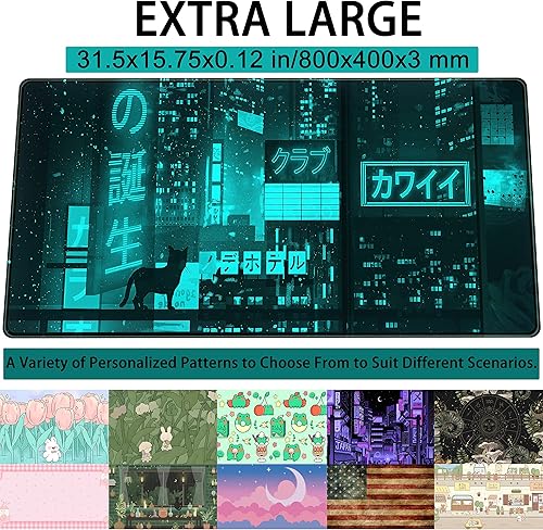 Miniatura 3 de Alfombrilla de escritorio japonesa en cian y verde, alfombrilla de ratón extendida de neón de Tokio con gatos de anime, alfombrilla de ratón XXL